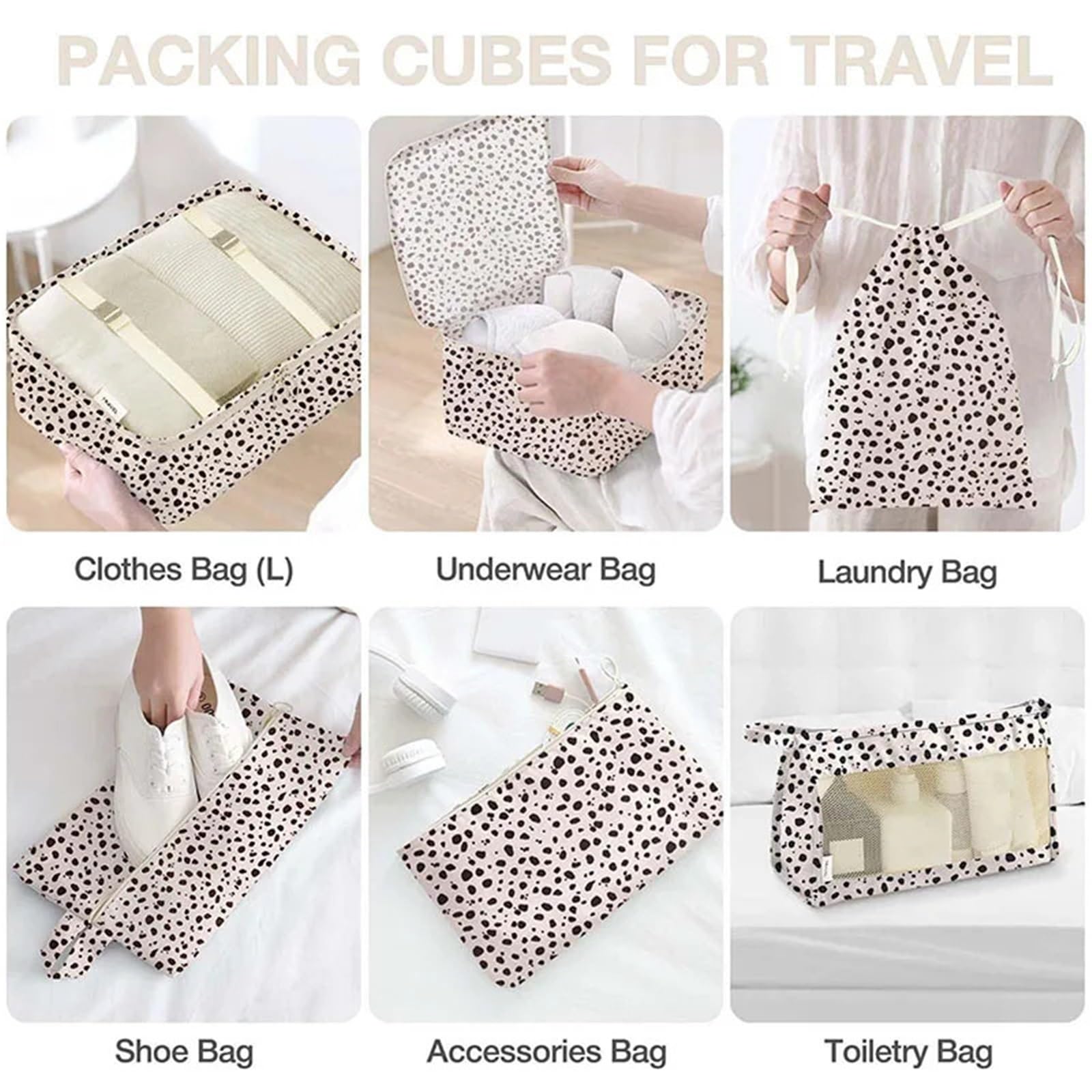 Set di 8 borse da viaggio, organizer portatile pieghevole for bagagli, for scarpe, vestiti, organizer for guardaroba, valigia Per Risparmiare Spazio Nella Valigia(Black white)