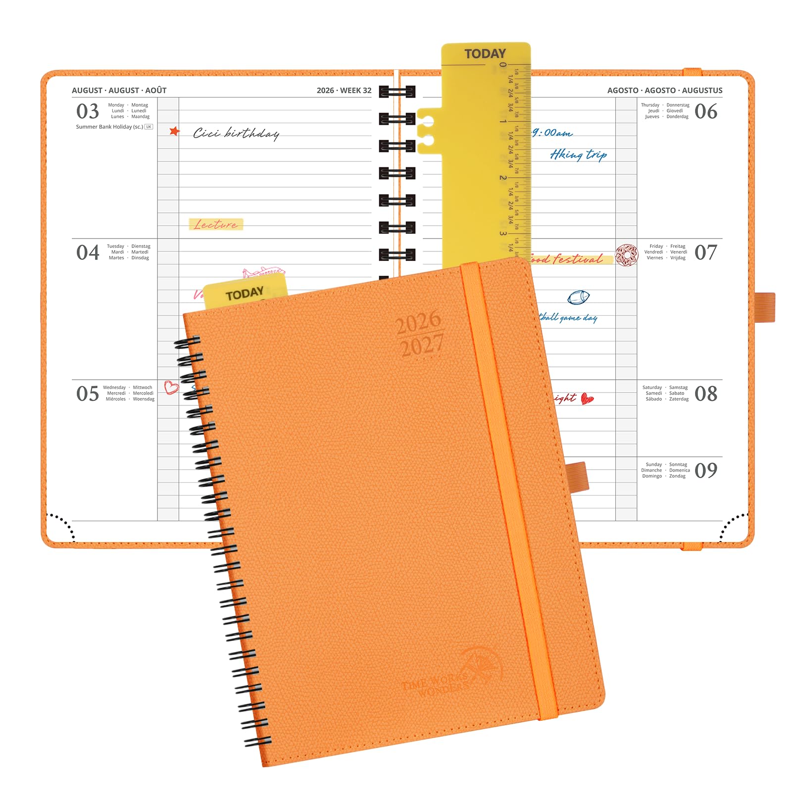 POPRUN 2026-2027 A5 Academic Diary Week to View (22x16.5 cm) Soft Cover Spiral Horizontal Weekly Planner 17 Months (Aug'26 - Dec'27) Mid Year 26/27(Orange)