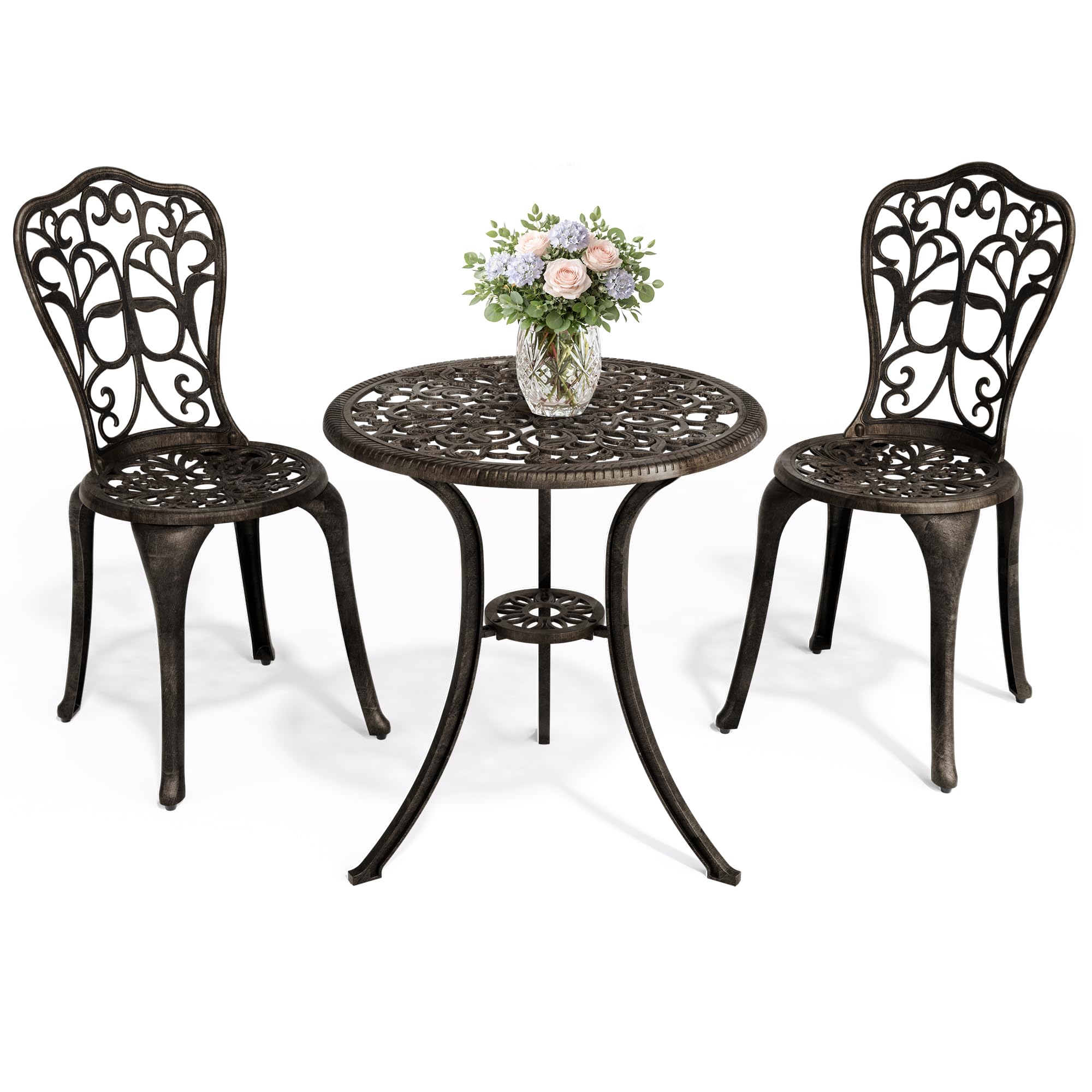 Pamapic Bistro Set 3-teilig, Bistrotisch mit 2 Stühlen & Schirmloch mit Sonnenschirmloch, Aluminium Gartenmöbel Set, Balkonmöbel Set für Terrasse, Veranda, Garten, Bronze