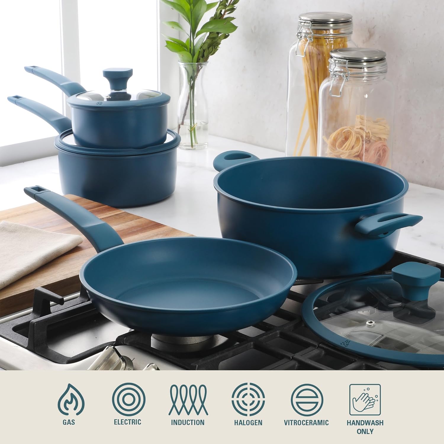 Gibson Home Helensburgh 7-Piece PFA-Free Ceramic Nonstick Carbon Steel Cookware Set – Blue Pots and Pans with Glass Lids, Saucepan, Dutch Oven, Fry Pan
