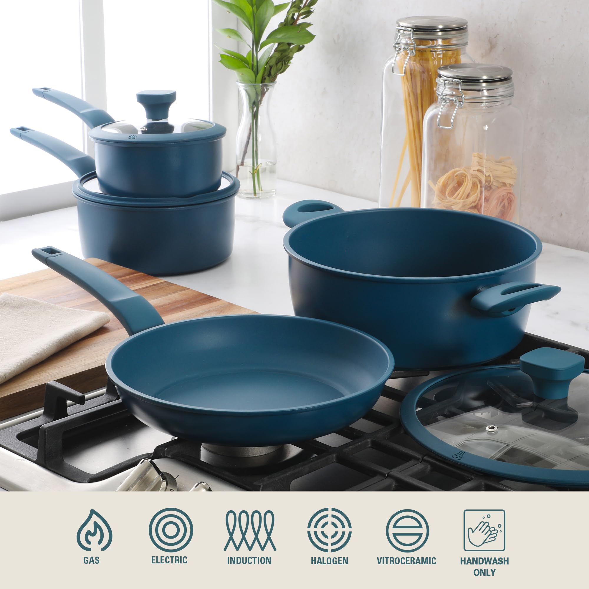 Gibson Home Helensburgh 7-Piece PFA-Free Ceramic Nonstick Carbon Steel Cookware Set – Blue Pots and Pans with Glass Lids, Saucepan, Dutch Oven, Fry Pan view 4