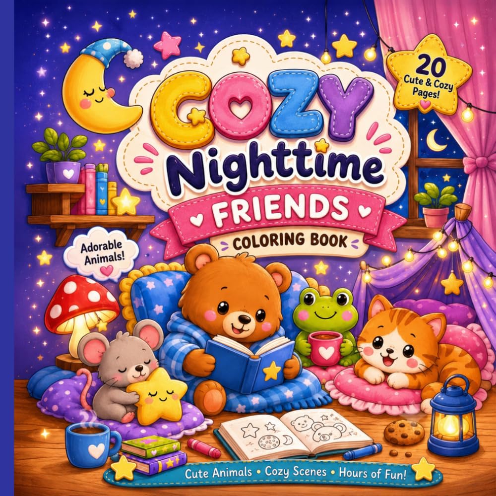 Cozy Nighttime Friends: Cute and Cozy Coloring Book for Kids Featuring Adorable Animals and Relaxing Bedtime Scenes