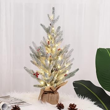 24 Inch Pre-lit Artificial Tabletop Mini Christmas Tree with Lights, Small Green Frosted Christmas Trees with Burlap Base, Miniature Pine Christmas Trees Decoration, 2 Ft