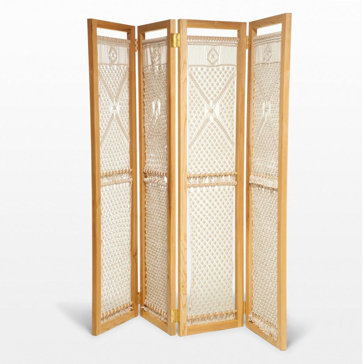 NORTHERN ARTS Macrame Room Divider Screen, 4 Panel Folding Privacy Screen with Wooden Frame, Bohemian Style, Natural Beige Colour-image-10