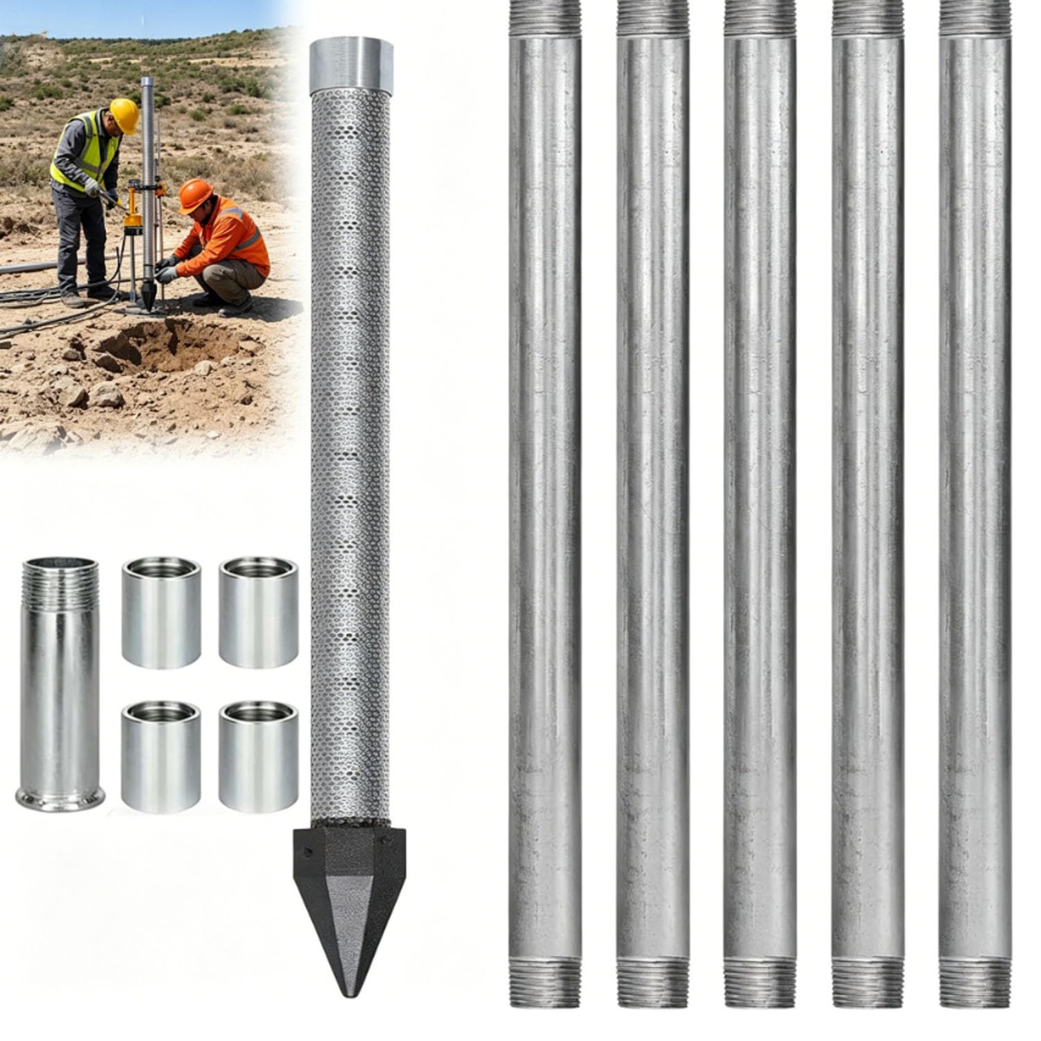 Sand Point Well Kit 1-1/4 Kit,Stainless Steel Drive Point Well with 60 Gauze Mesh Screen,36" Heavy Duty Shallow Well Drilling Kit,Galvanized Pipes and Couplings(6M Kit)