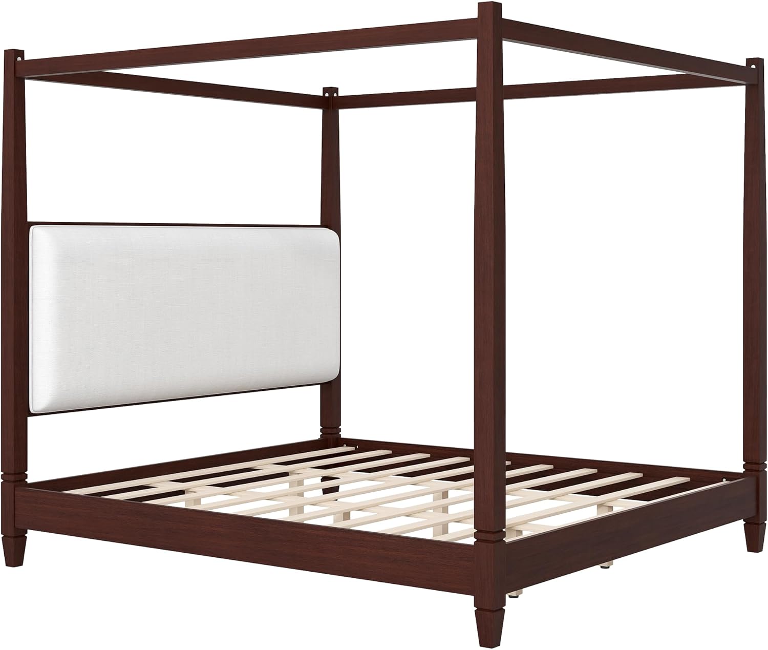 SOFTSEA King Size Canopy Bed with Linen Upholstered Headboard, Modern 4-Poster Canopy Bed, Solid Wood Platform Bed Frame for Bedroom, No Box Spring Needed, Espresso