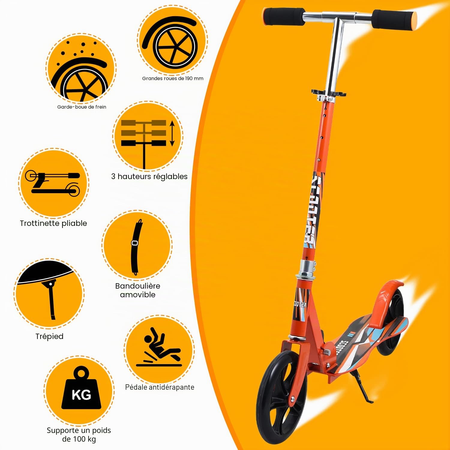 Sonnewelt Trotinette Enfant,Guidon Ajustable,avec bandoulière réglable,jusqu'à 100 kg,Construction Durable,Amortisseur ShockResist Frein