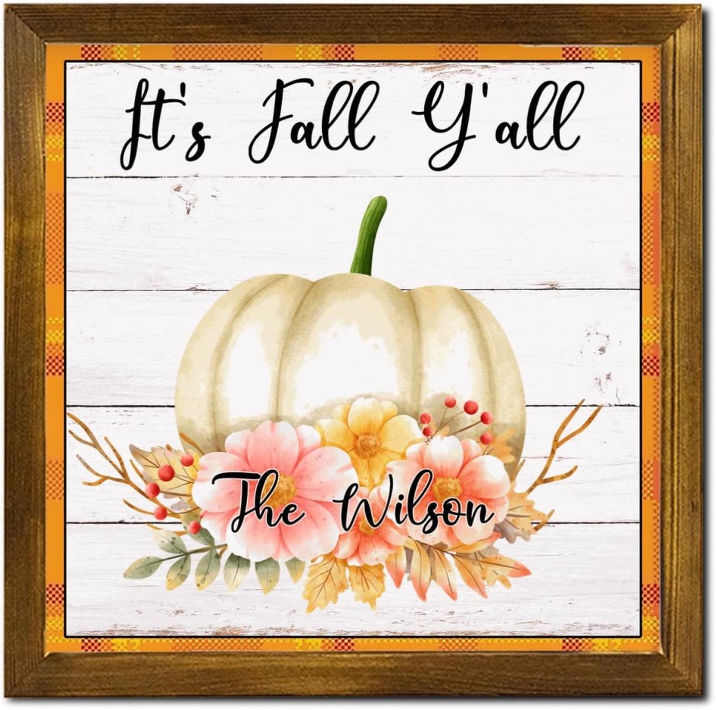 It's Fall Y'all Framed Wood Sign Pumpkin Sunflower Custom Name Wall Sign Farmhouse Autumn Harvest Home Wall Hanging Sign Decoration for Indoor Holiday Home Classroom Office 12x12 inch