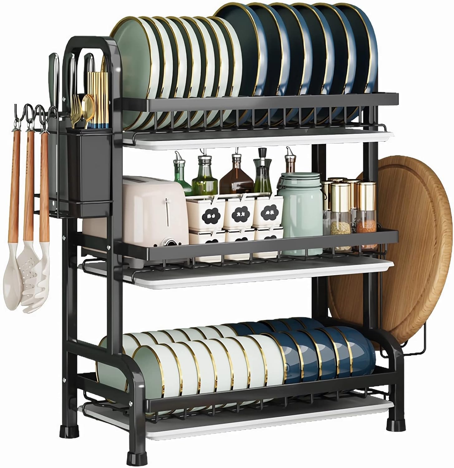 Wemart Dish Drying Rack|3-Tier Black Large Capacity Foldable Dish Rack for Kitchen Counter|Carbon Steel Sink Rack w/Drainboard, Dish Strainer w/Cups Holder/Utensil Holder/Chopsticks Tube (black)