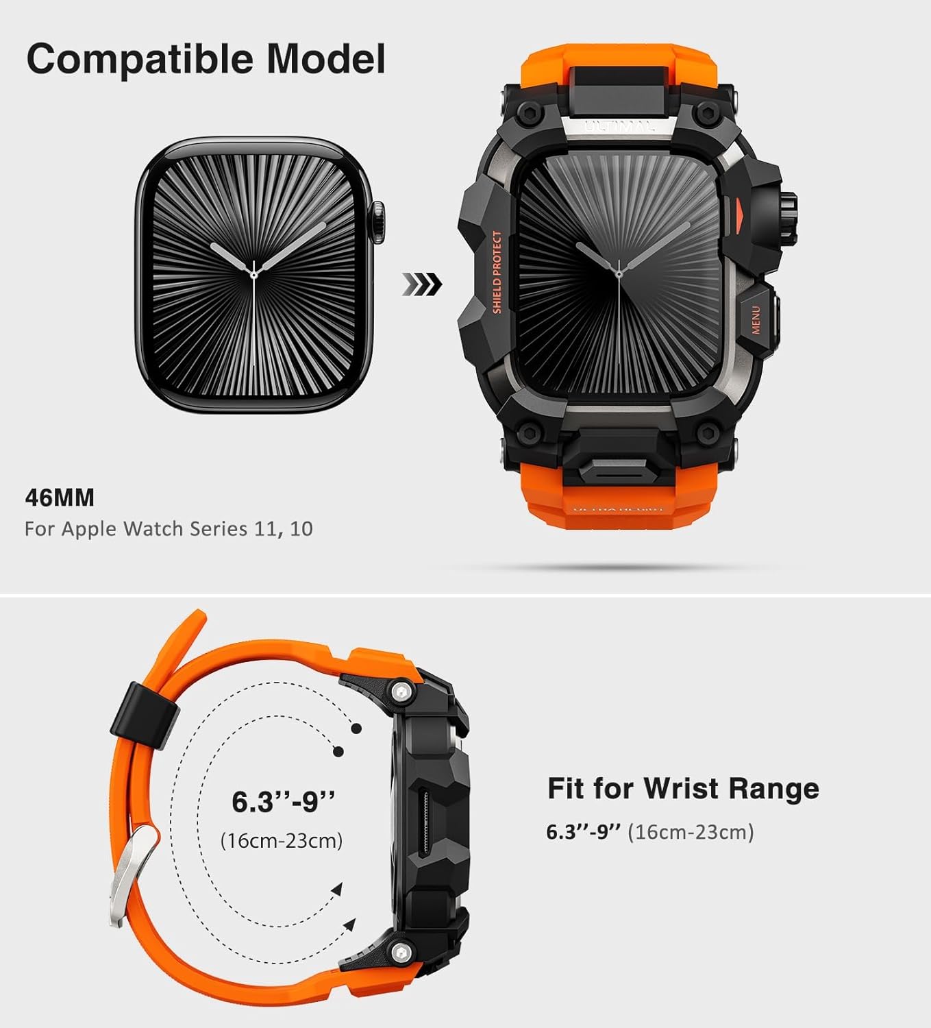 ULTIMAL Rugged Case with Band for Apple Watch 46mm,Compatible with Apple Watch Series 11/10, Military Grade Shockproof Bumper Cover for iWatch Tactical Band Men (Orange, 46mm) - Image 2
