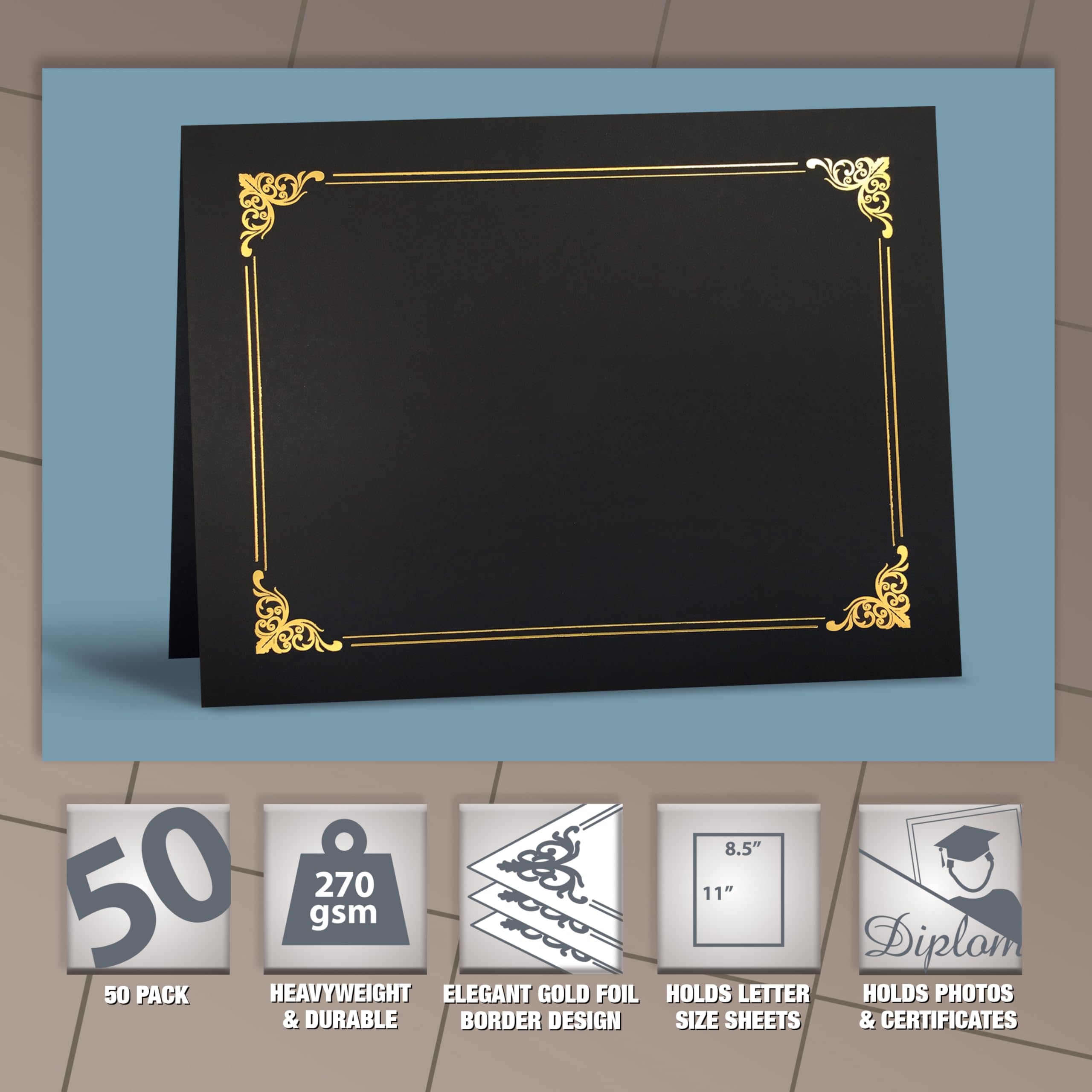 Better Office Products 50 sztuk uchwytów na certyfikaty, etui na dokumenty ze złotą folią, do papieru listowego, 50 szt. (czarne)
