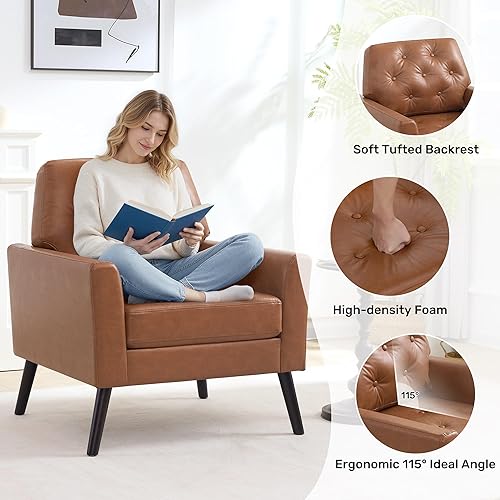 Miniatura 5 de Silla decorativa para sala de estar, silla de lectura moderna de mediados de siglo, sillón tapizado con respaldo copetudo y patas de madera, sofá PU