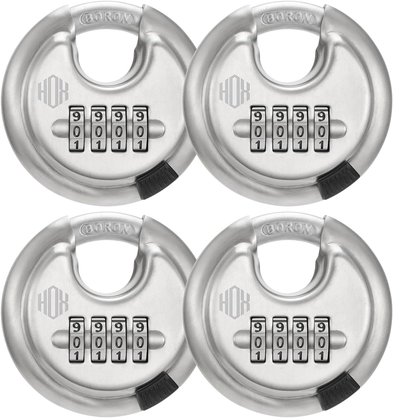 HOX Boron Shackle Combination Disc Lock, 70mm Stainless Steel Body, Heavy-Duty Weather-Resistant and Anti-Cut Padlock for Storage Units, Garages, Sliding Doors, and Cabinets (4 Pack)