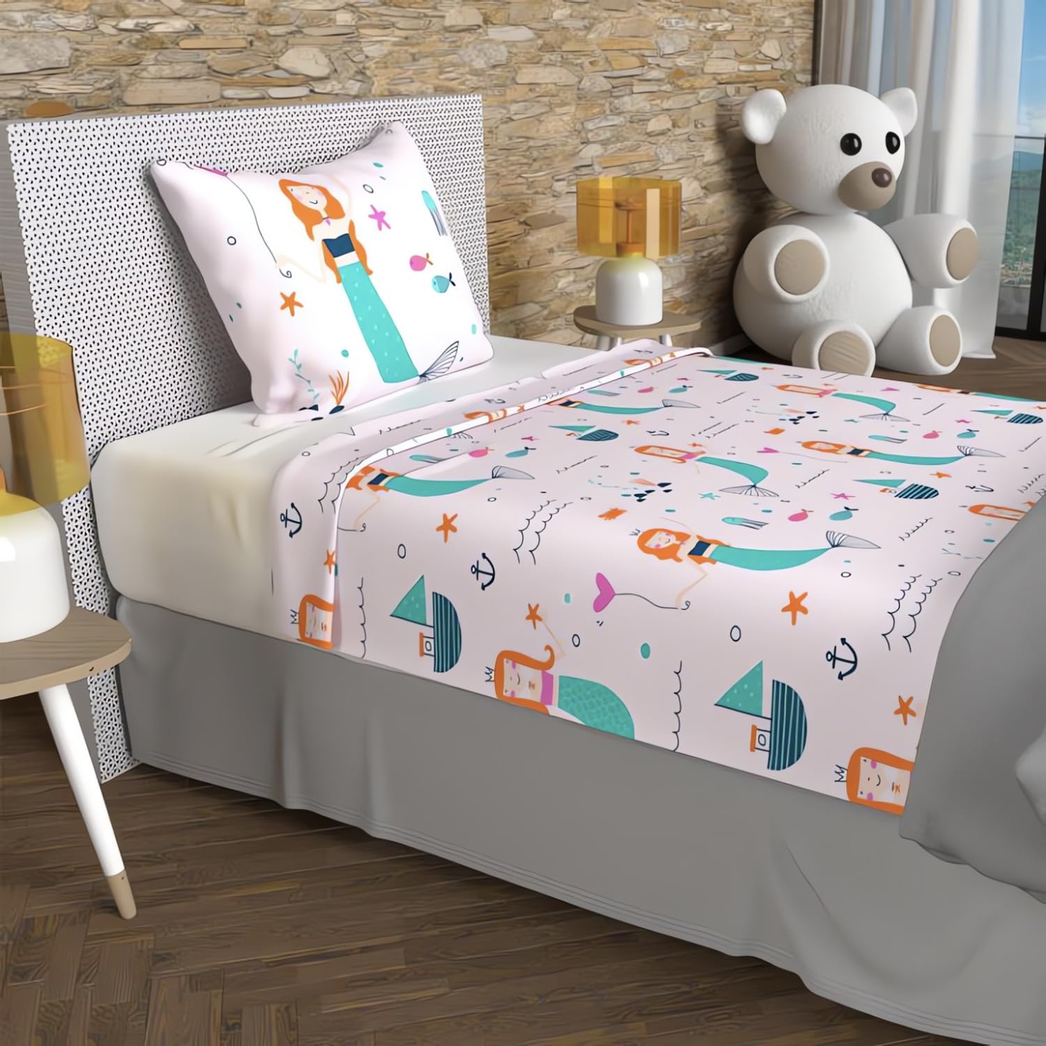 Drap 180x290 cm coton 57 fils rose sirènes résistant aux lavages fréquents