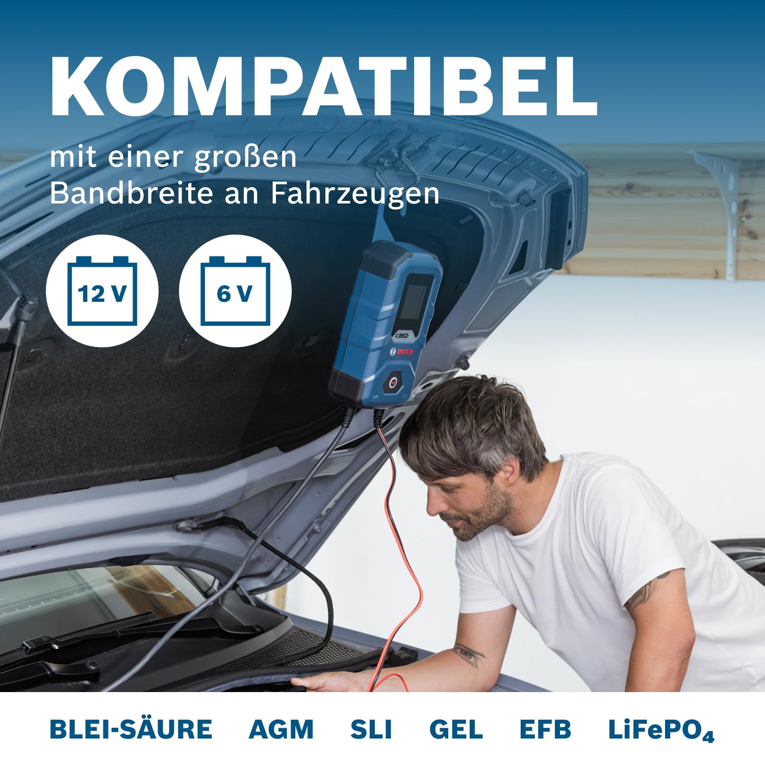 Bosch C80-Li Batterieladegerät, 15 Ampere, mit Erhaltungsladungs-Funktion - Autobatterie-Ladegerät für 6 V / 12 V Blei-Säure-, AGM-, EFB-, Gel-, SLI- Batterien sowie 12 V Lithium- (LiFePO4) Batterien