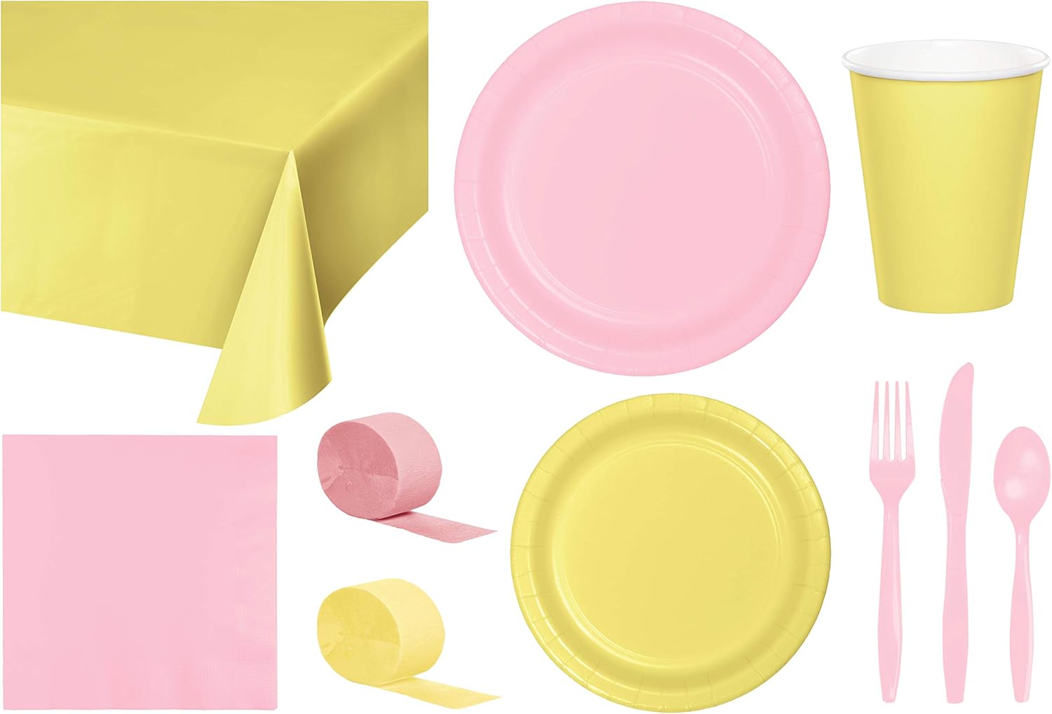 Baxters Party Bundle Bulk, Tableware for 24 People Mimosa Yellow and Classic Pink, 2 Size Plates Napkins, Paper Cups Tablecovers and Cutlery, Box of 199