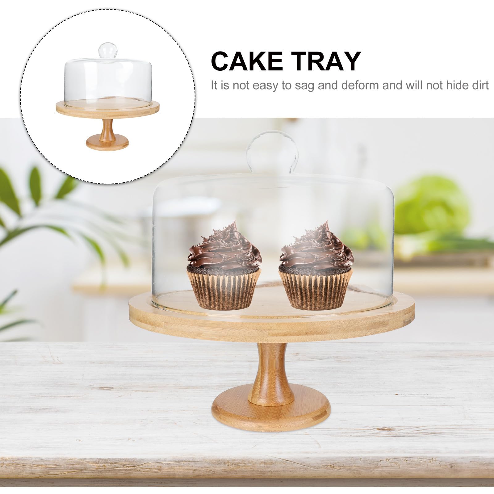 Gadpiparty Soporte para Pasteles Pequeño con Pie de Bambú, Bandeja de Postres de Madera con Tapa de Cristal Transparente, Estante para Exhibición y Almacenamiento de Tartas para Fiestas
