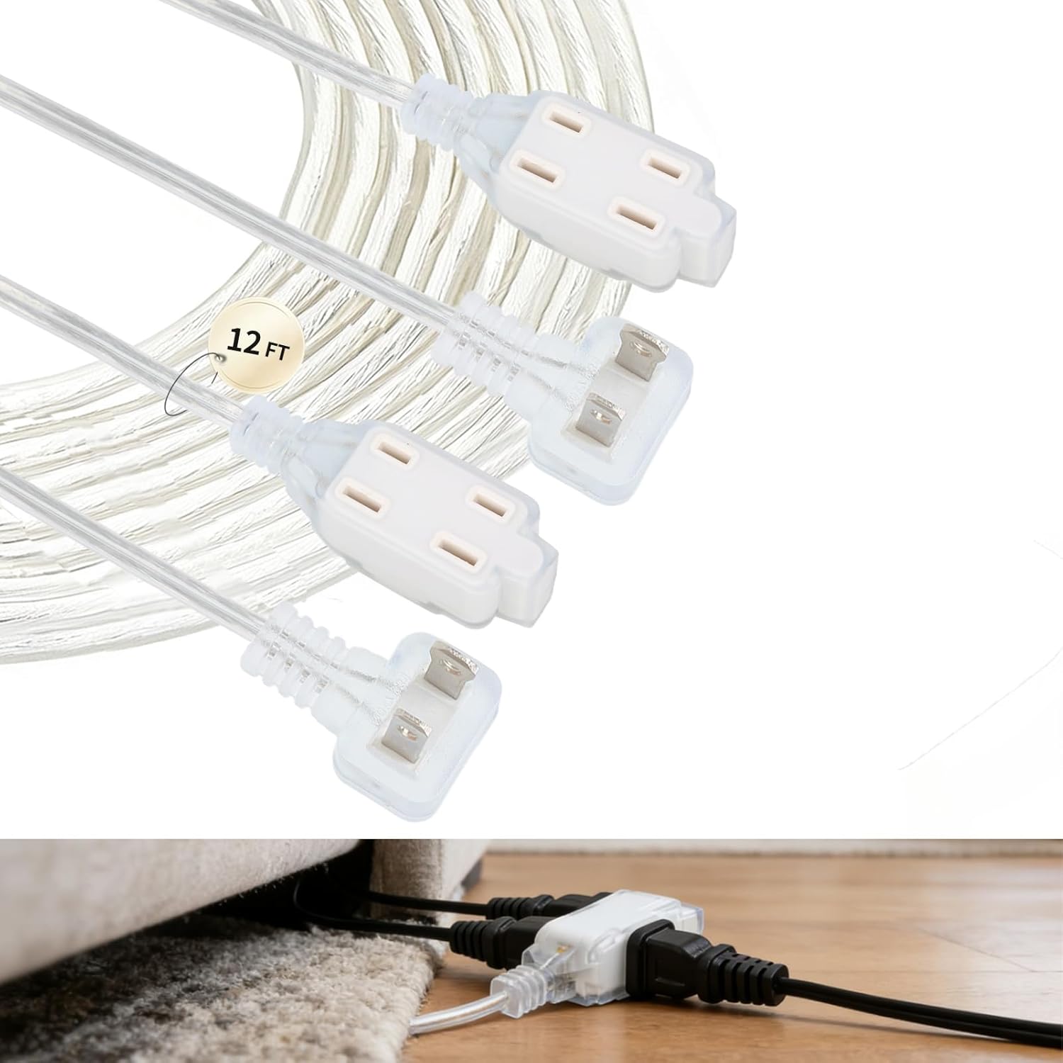 12FT 3 Outlet Extension Cord 2 Pack, Clear Flat Plug Indoor Thin Extension Cord, 2×18 AWG, 7A 125V, UL & ETL Listed for Lamps, String Lights & Home Decor