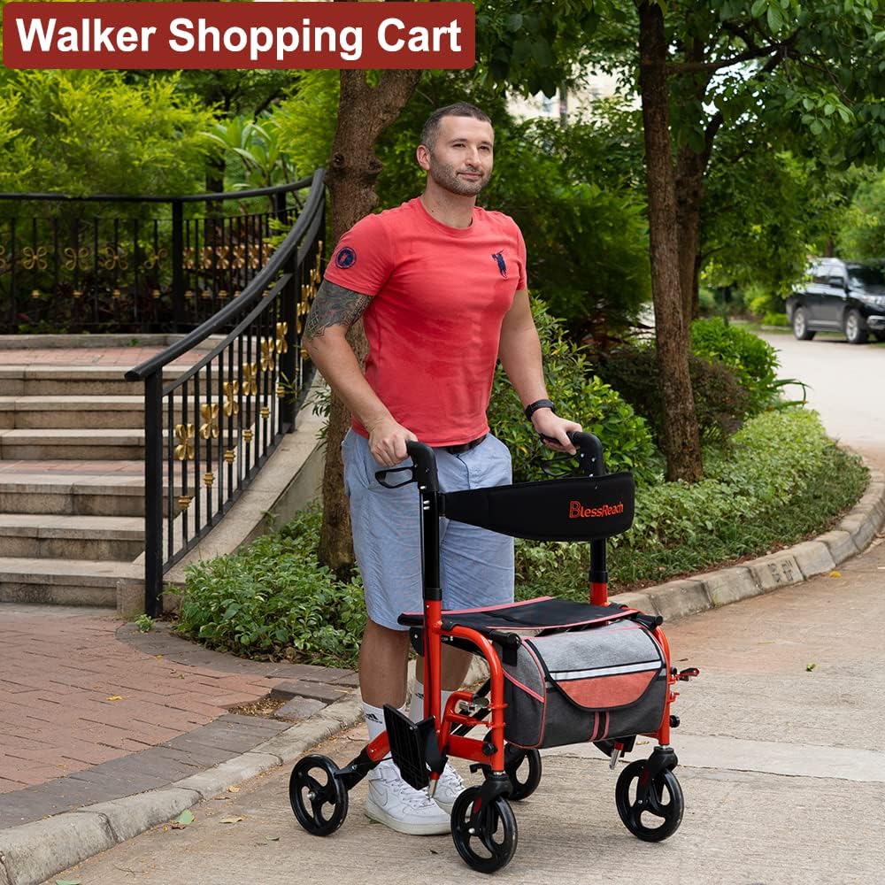 BlessReach Rolling Walkers for Seniors Four Wheel Walker Rollator Walker Easy Folding Senior Upright Walker with Padded Backrest Walking Aid for Adult Elderly, Aluminum Frame (2&1 Red) : Health & Household