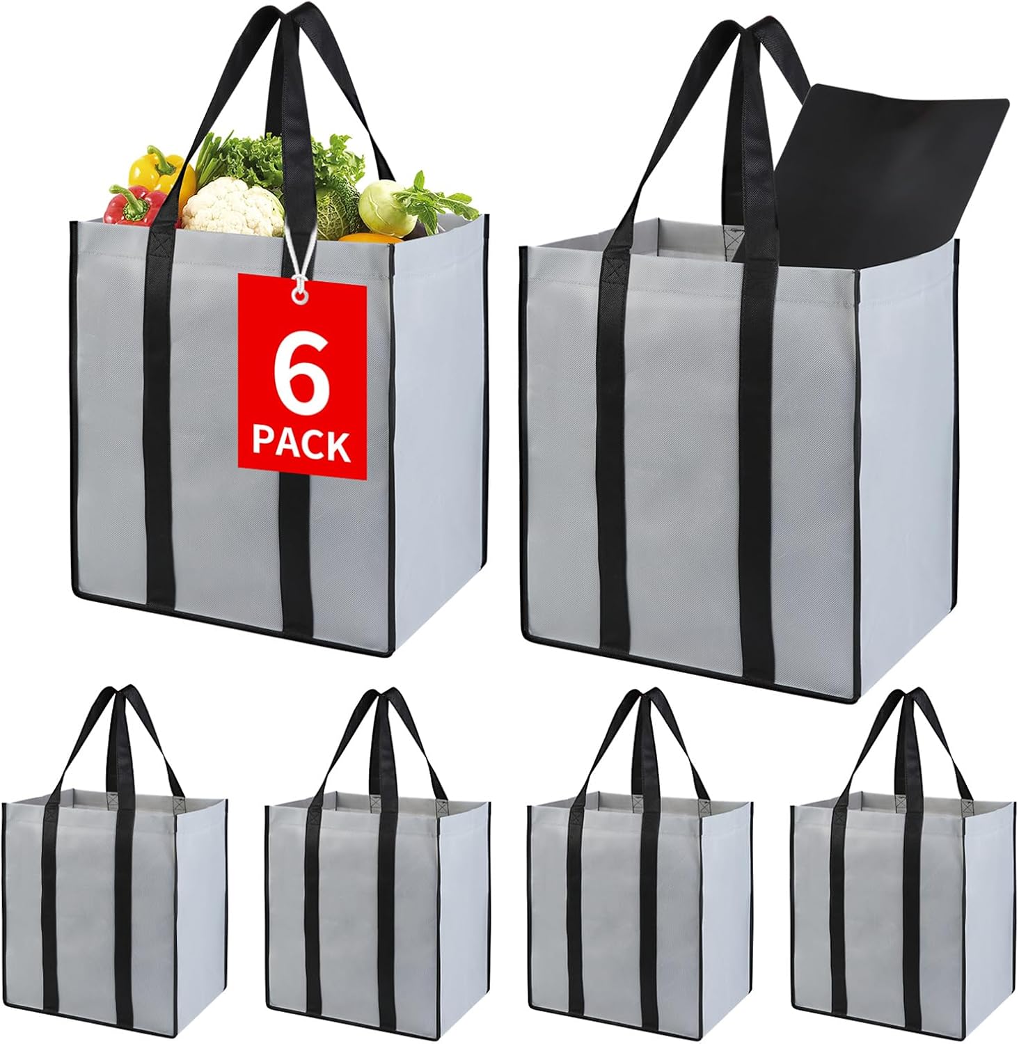 Bodaon 6Pk Collapsible Kitchen Reusable Grocery Bags with Plastic Bottom, the