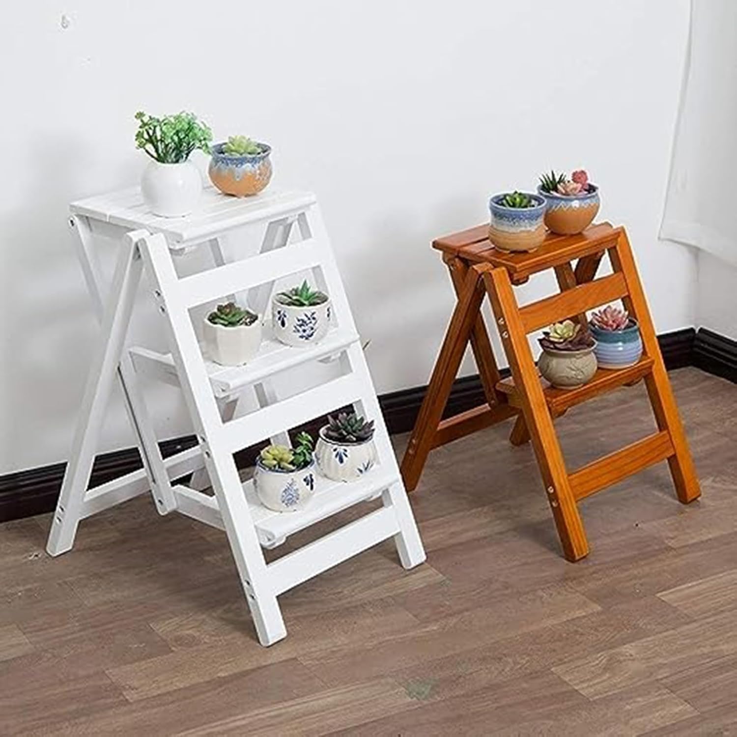Wooden Folding Ladder Stool 2 Step Multifunction Chair for Home Library Kitchen White