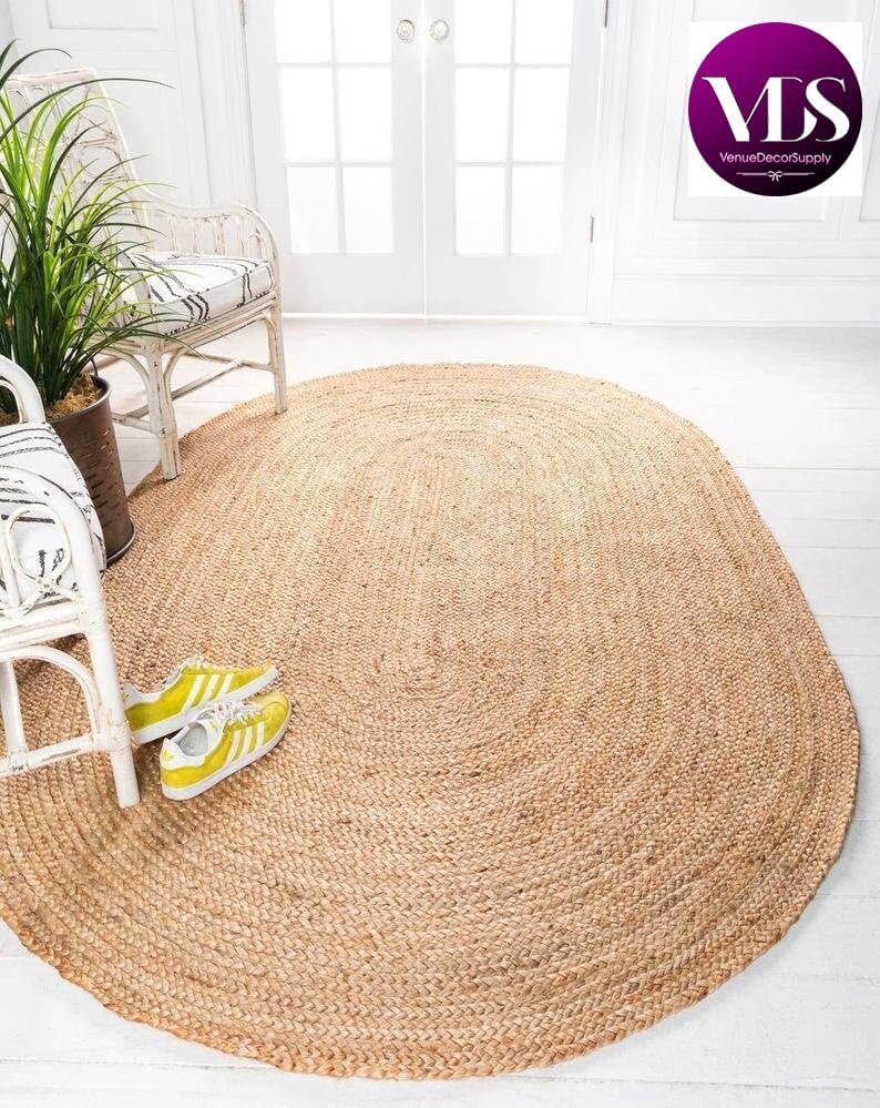 Miniatura 2 de VDS Paquete de 1 alfombra ovalada tejida a mano de yute de 2 x 5 pies, reversible natural para decoración del hogar, sala de estar, cocina, entrada,