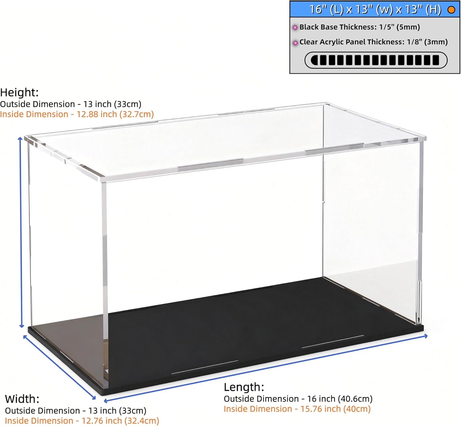 Large Acrylic Display Case, Clear Acrylic Display Box with Matte Base, Dustproof Collectible Storage Cases, DIY Easy Assembly Showcase for Figures, Models, Collectibles, 16 x 13 x 13 inch