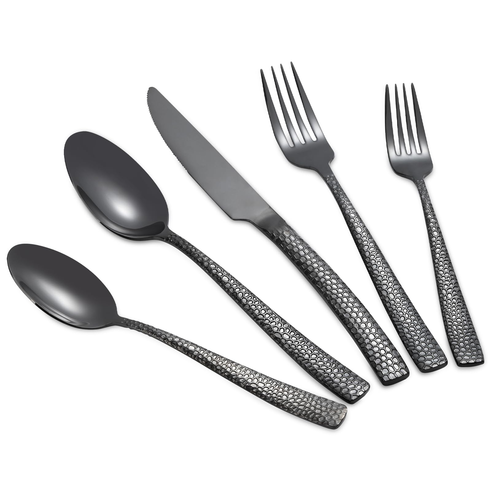 20-Piece Black Silverware Set, Heavy Duty Hammered 18/10 Stainless Steel Flatware Set for 4, Food-Grade Cutlery Set, Tableware Set Including Fork Knife Spoon Set,Dishwasher Safe