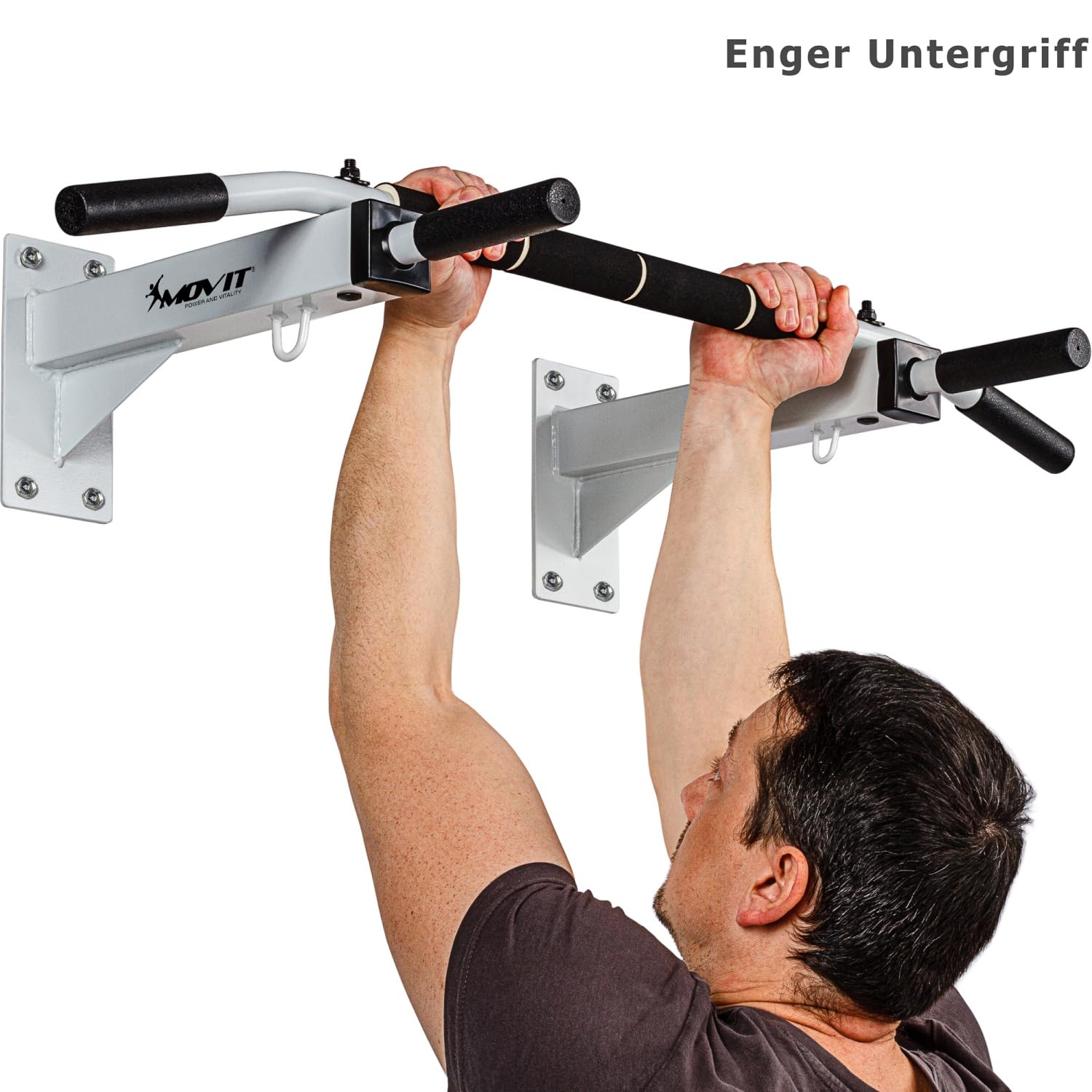 MOVIT® Profi Klimmzugstange zur Wandmontage, bis 350 kg, 4x rutschfeste Griffe + XXL Softgrip, 2x Ösen für Zubehör, schadstoffgeprüft, Weiß oder Schwarz, Türreck Reckstange Pull up bar