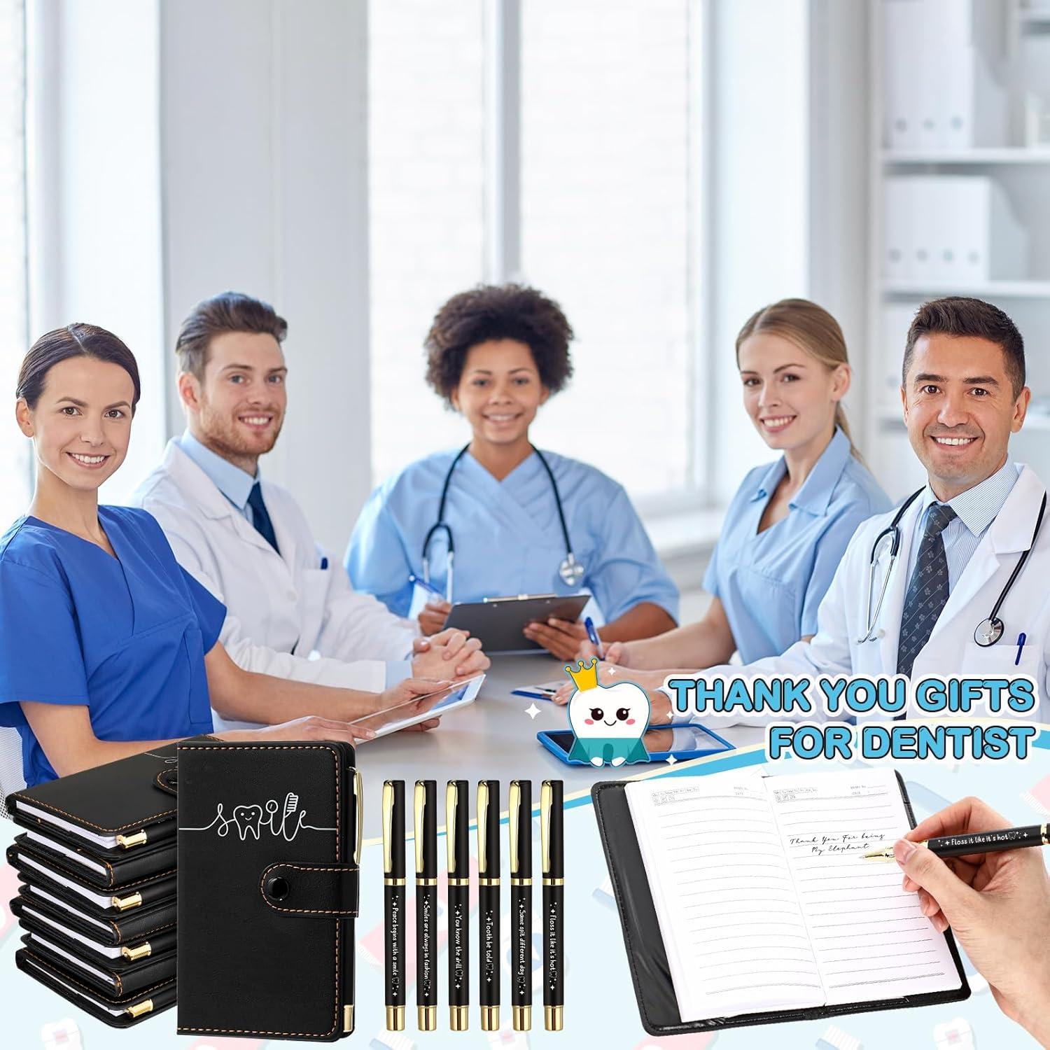 TaoBary 36 Sets Dental Hygienist Appreciation Gifts Bulk Tooth PU Leather Notebook and Motivational Ballpoint Pen Set, Thank You Gifts for Dentist Assistant Hygienist Nurse Week (Black)