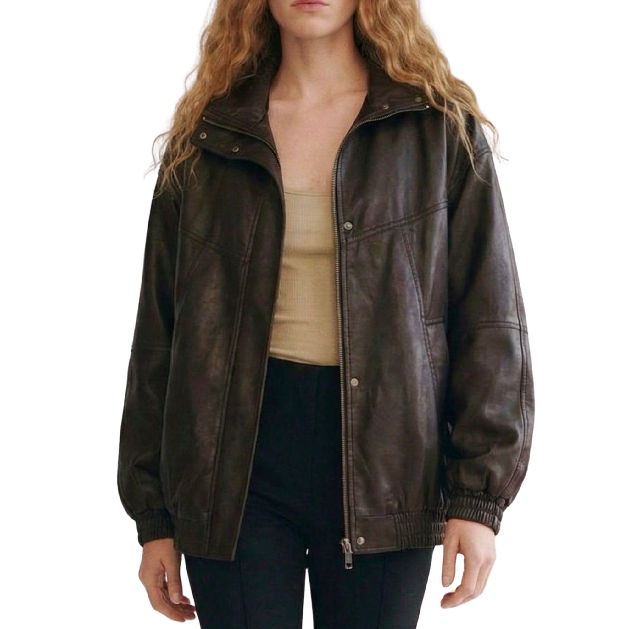 OUTTA BOX Women’s Faux Leather Jacket Oversized, Zip Up Vintage Biker Coat with Lapel Collar, Casual PU Jacket for Autumn Winter Outfit (UK, Alpha, XS, Regular, Regular, Brown)