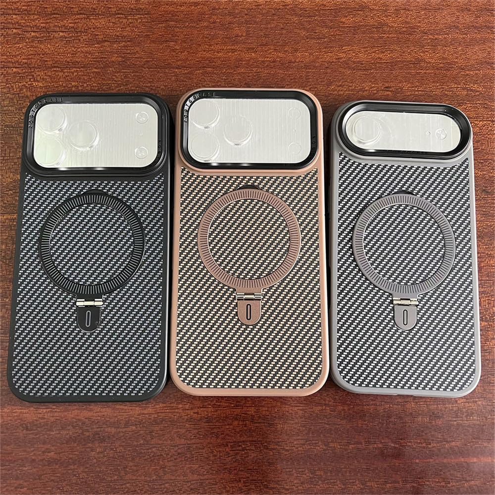 Custodia magnetica in fibra di carbonio con supporto in metallo color oro deserto per iPhone 17 16 15 14 13 Pro Max, custodia rigida per la ricarica, oro deserto, per iPhone 17 Pro Max