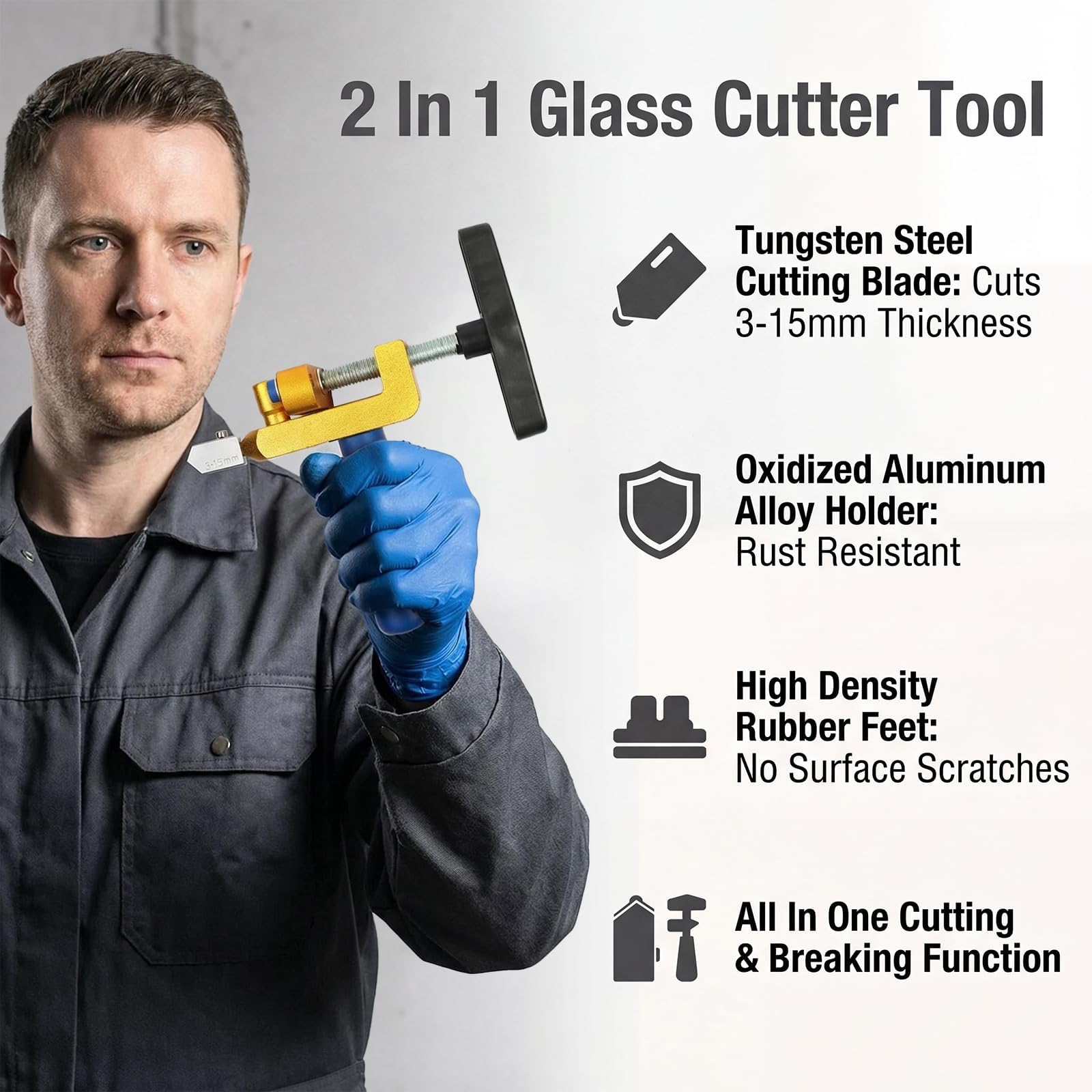 Cortador de vidrio profesional 2 en 1, con 2 cabezales de metal duro 3-15 mm y 4 pies de contacto, ideal para cortar vidrios de distintos grosores en talleres y proyectos de bricolaje