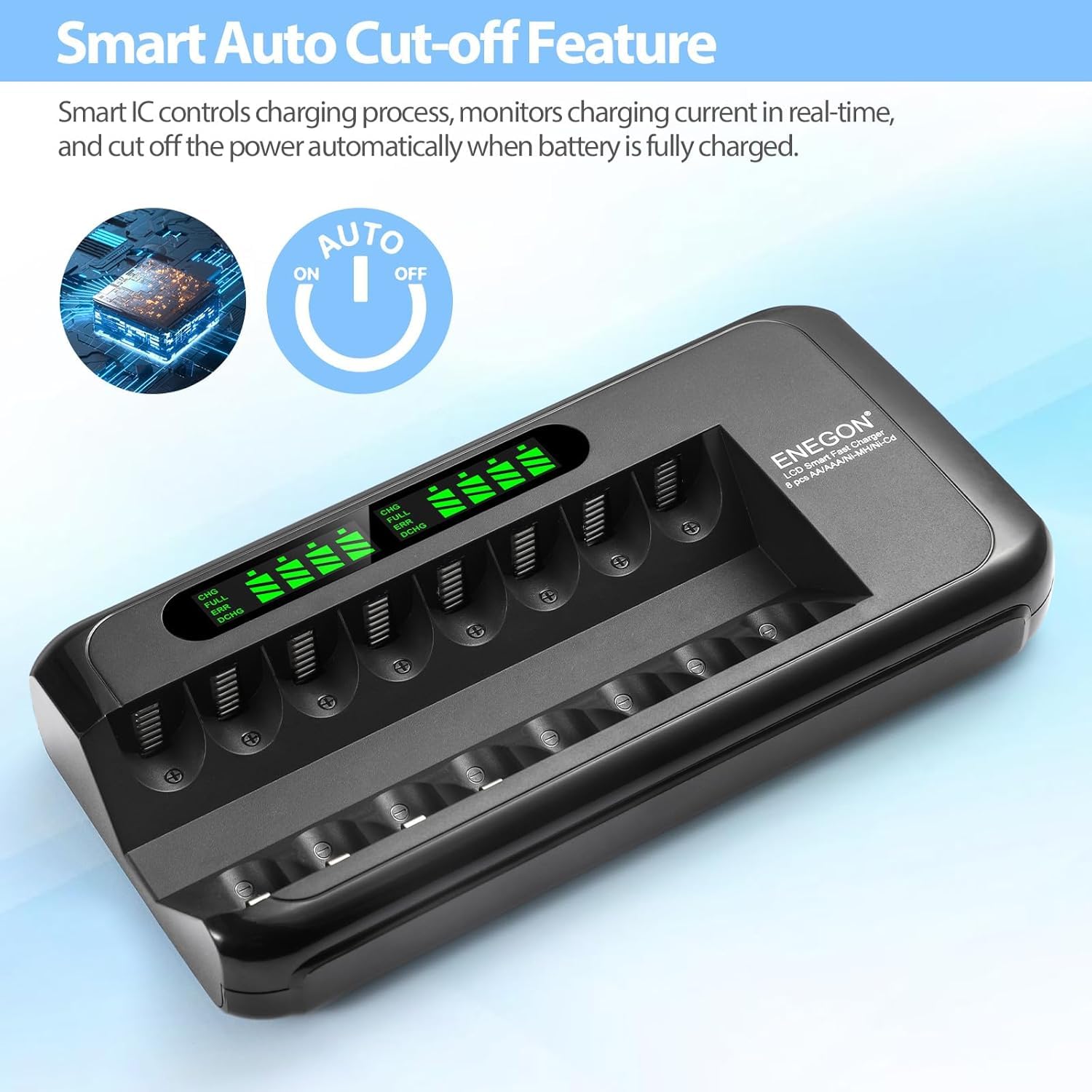 ENEGON Akkuladegerät, Schnell Akku Ladegerät mit AC-Adapter und intelligentem LCD-Display, Unabhängiges 8-Ladeplatz Batterieladegerät für NI-MH NI-CD Wiederaufladbare AA AAA Batterien