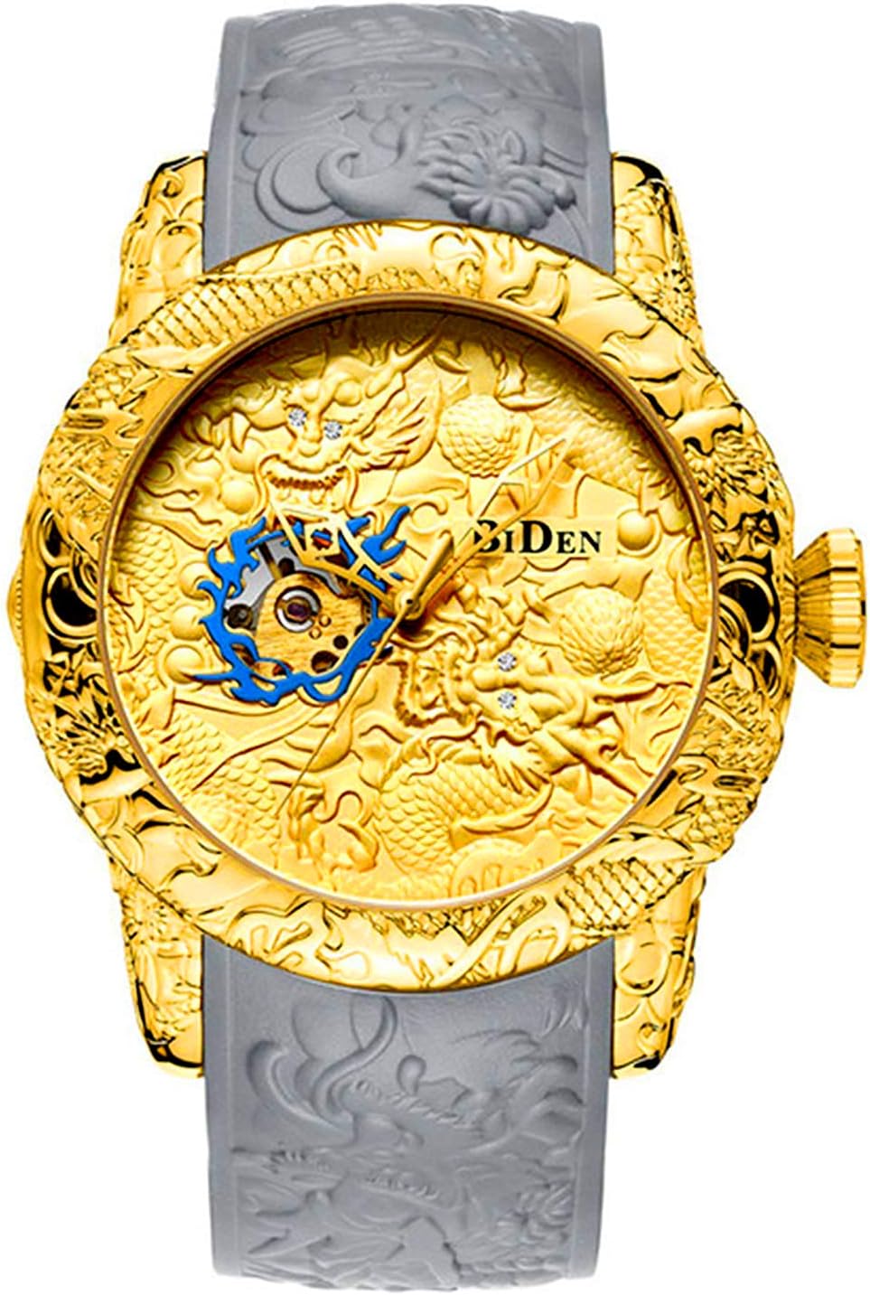 Automatic Watch for Men Fashion 3D Engraved Dragon Waterproof Big Dial Sports Wrist Watch