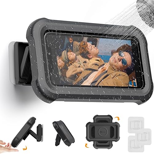 Soporte para teléfono de ducha impermeable con rotación de 360°, ángulo ajustable, soporte para teléfono montado en pared para espejo de baño, Negro