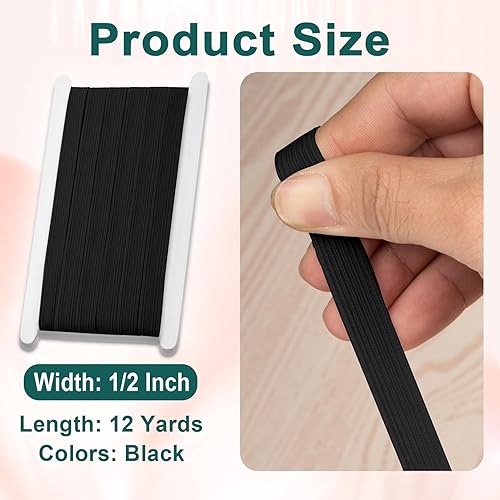 Miniatura 2 de Airisoer Banda elástica de 1/2 pulgada para costura, bandas elásticas de alta elasticidad de 12 yardas para cinturas, pantalones, ropa y Negro