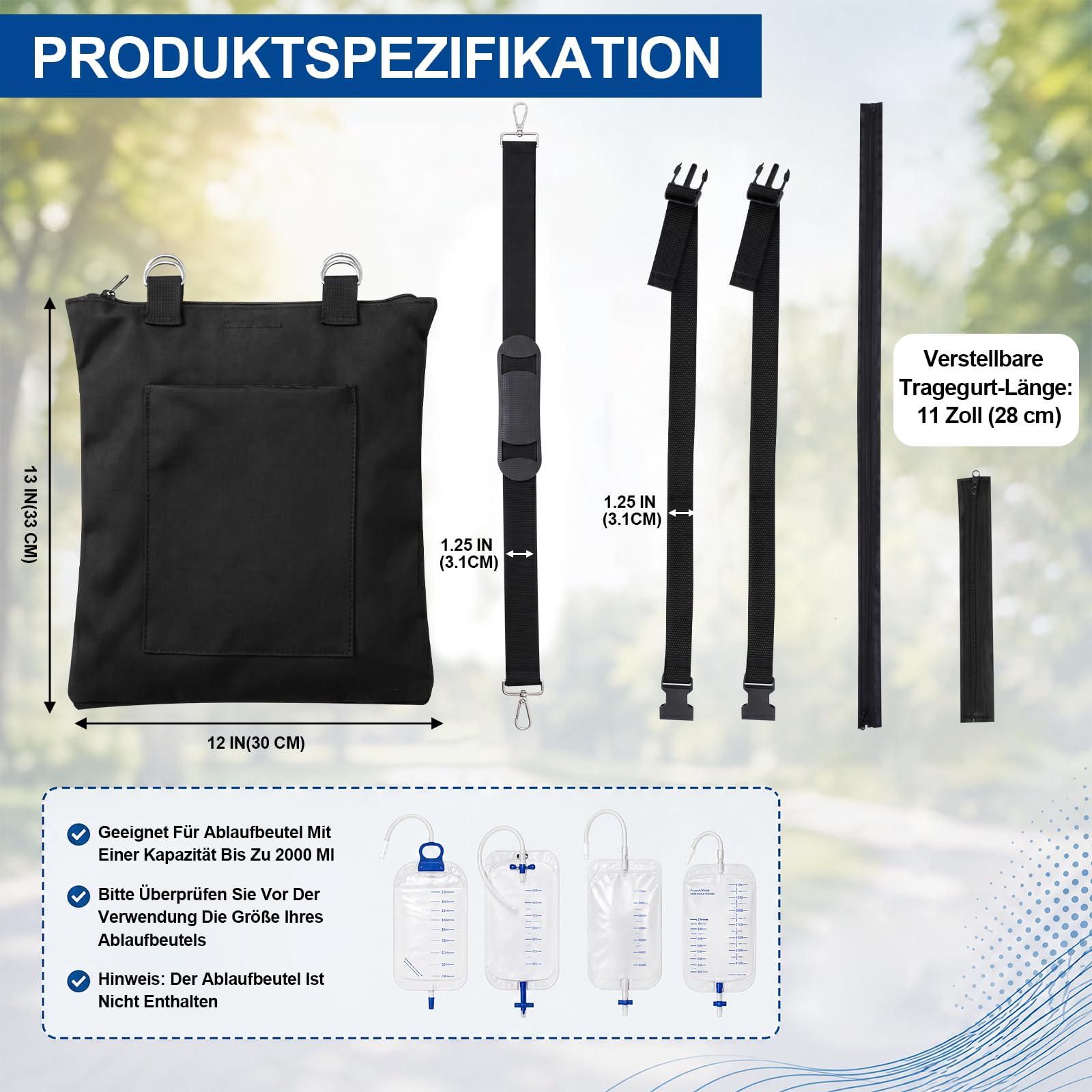 Urinbeutel 2000ml, Sicher Diskret Katheterbeutel 2000ml, Katheter Tasche mit Katheter Schlauch Abdeckung und Verstellbarem Gurt