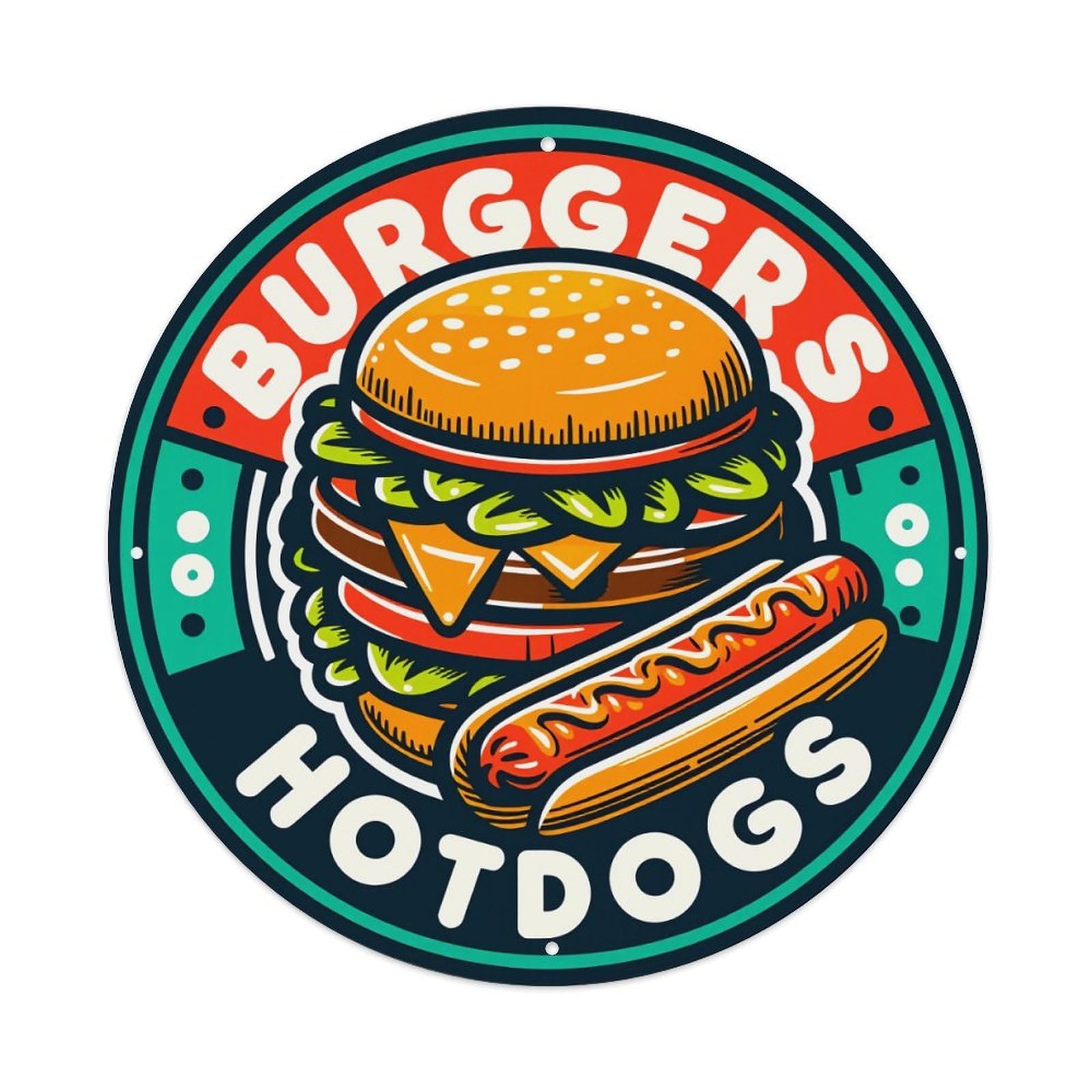 Burger And Hotdog Design Pattern Round Tin Sign Vintage Metal Poster Retro Bar, Home, Man Cave, Kitchen, Laundry Room Wall Art Decor Gift 8x8Inch