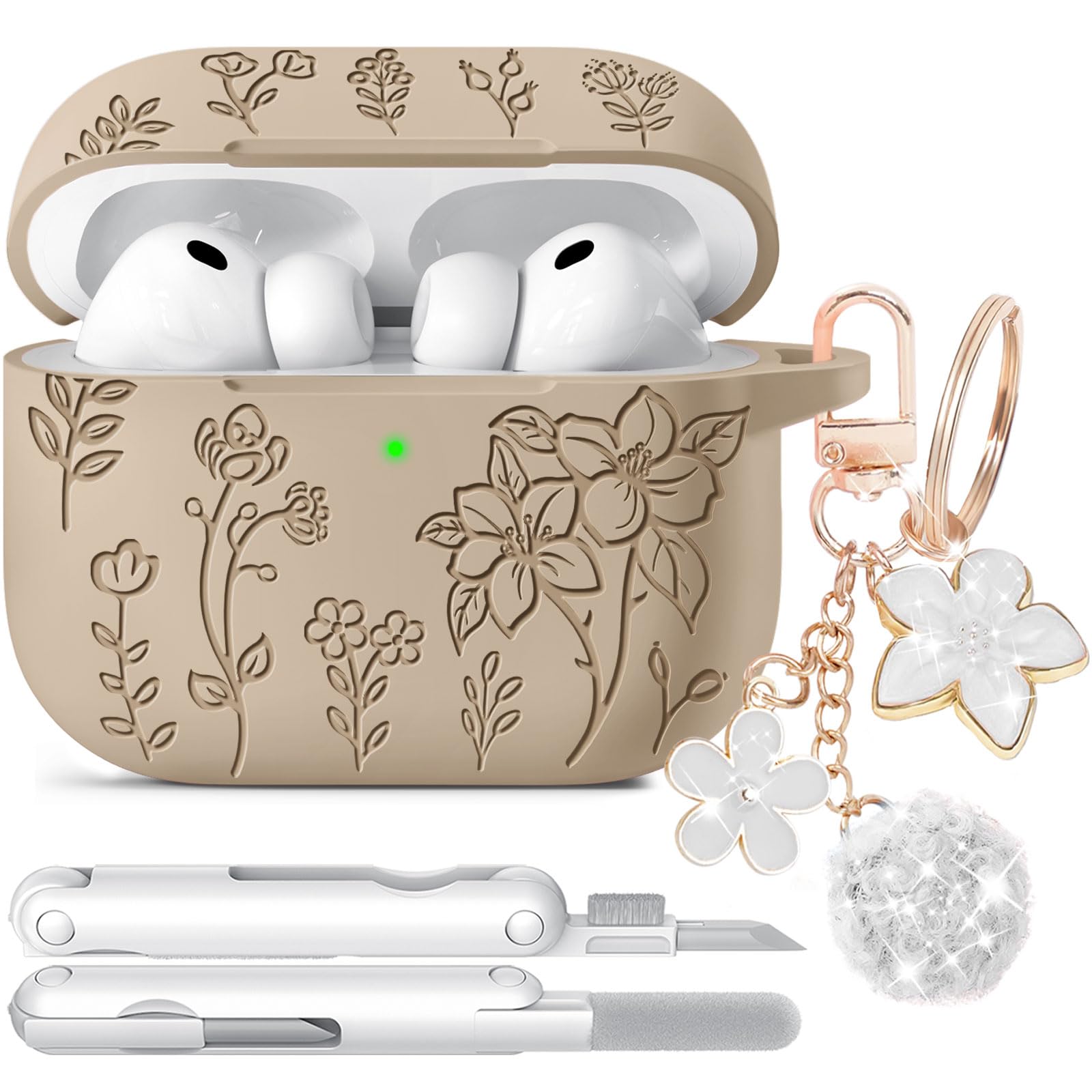 for Airpods Pro 3 Case, Flower Engraved Case Cover Compatible with AirPods Pro 3rd Generation 2025, Soft Silicone Cases with Cute Keychain &amp; Cleaner for Women Girly, Shockproof