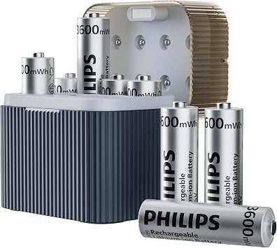 Philips Rechargeable Lithium AA Batteries 8 Pack with Fast Charger 1.5V 3600mWh High Capacity AA Battery Constant Output Li-ion Double a Batteries Cycle Times up to 1200x