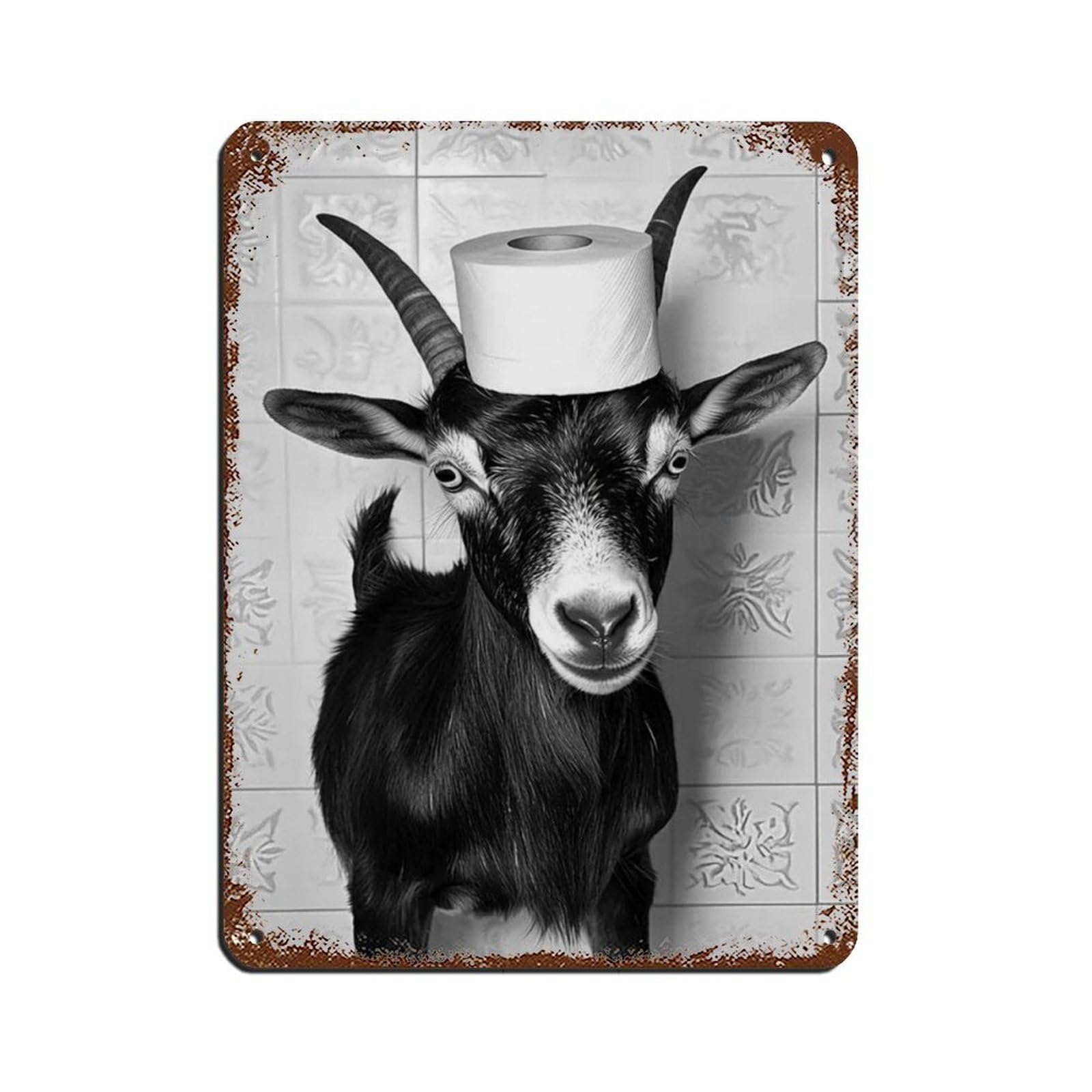 Goat with A Toilet Paper Roll on Head Retro Poster Metal Tin Sign Chic Art Retro Iron Painting Bar People Cave Cafe Family Garage Poster Wall Decoration 12x16inch(30x40cm)