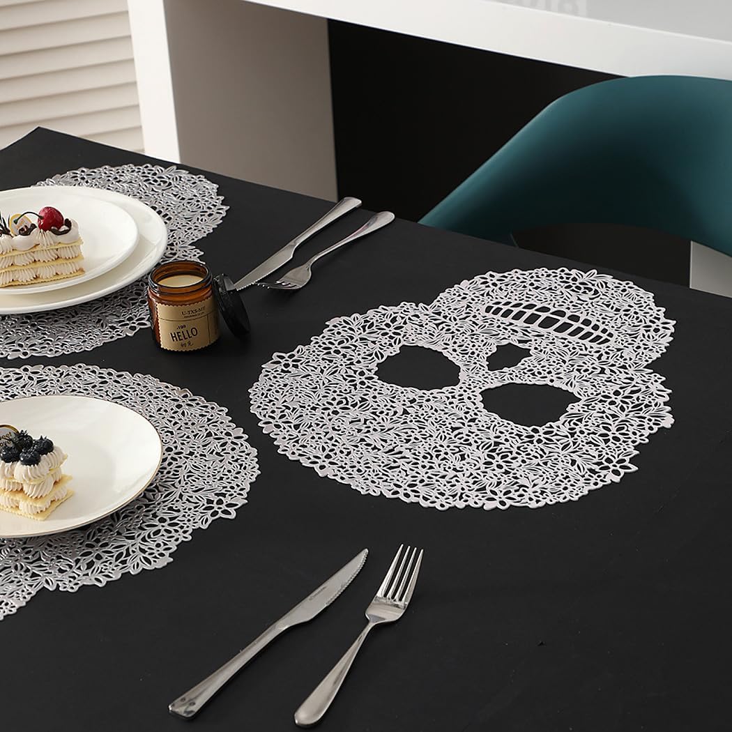 Hollow Out Skull Shape Placemats Pressed Vinyl Metallic Placemats Set of 6 Pcs, Heat Resistant Table Mats for Party Halloween Dinner Table Decorations, Style B Mixed Color