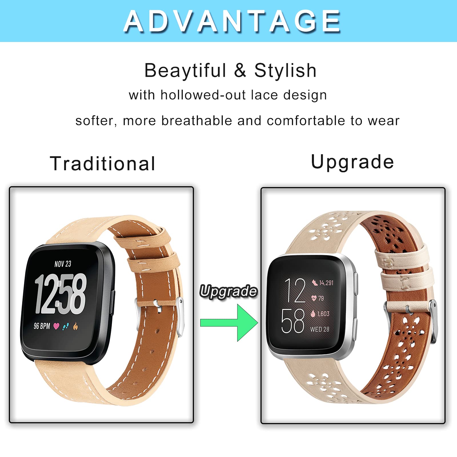 Correa de cuero compatible con Fitbit Versa 2 Band/Fitbit Versa Band/Fitbit Versa SE/Versa Lite Fitness Smart Watch Pulseras para mujeres y hombres, correa de repuesto de cuero suave con diseño de 6