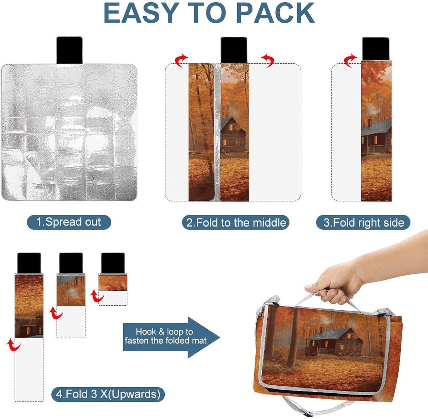 Autumn Woods Cabin Waterproof Picnic Blanket 58.3''x58.3'',Portable and Foldable Picnic Mat with Handle,Outdoor Blankets for Lawn Park Beach Travel