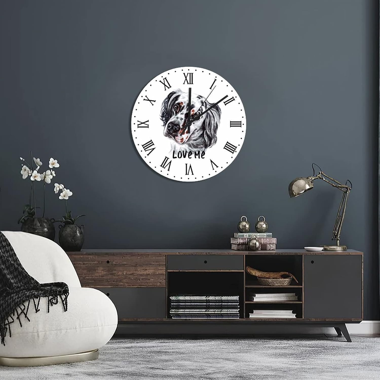 PVC Clocks Love Me English Setter Clock Dog Mom Clock Pet Memorial Hanging Wall Clocks Silent Non-Ticking Clock for Living Room Kitchen Bedroom Office 15x15in