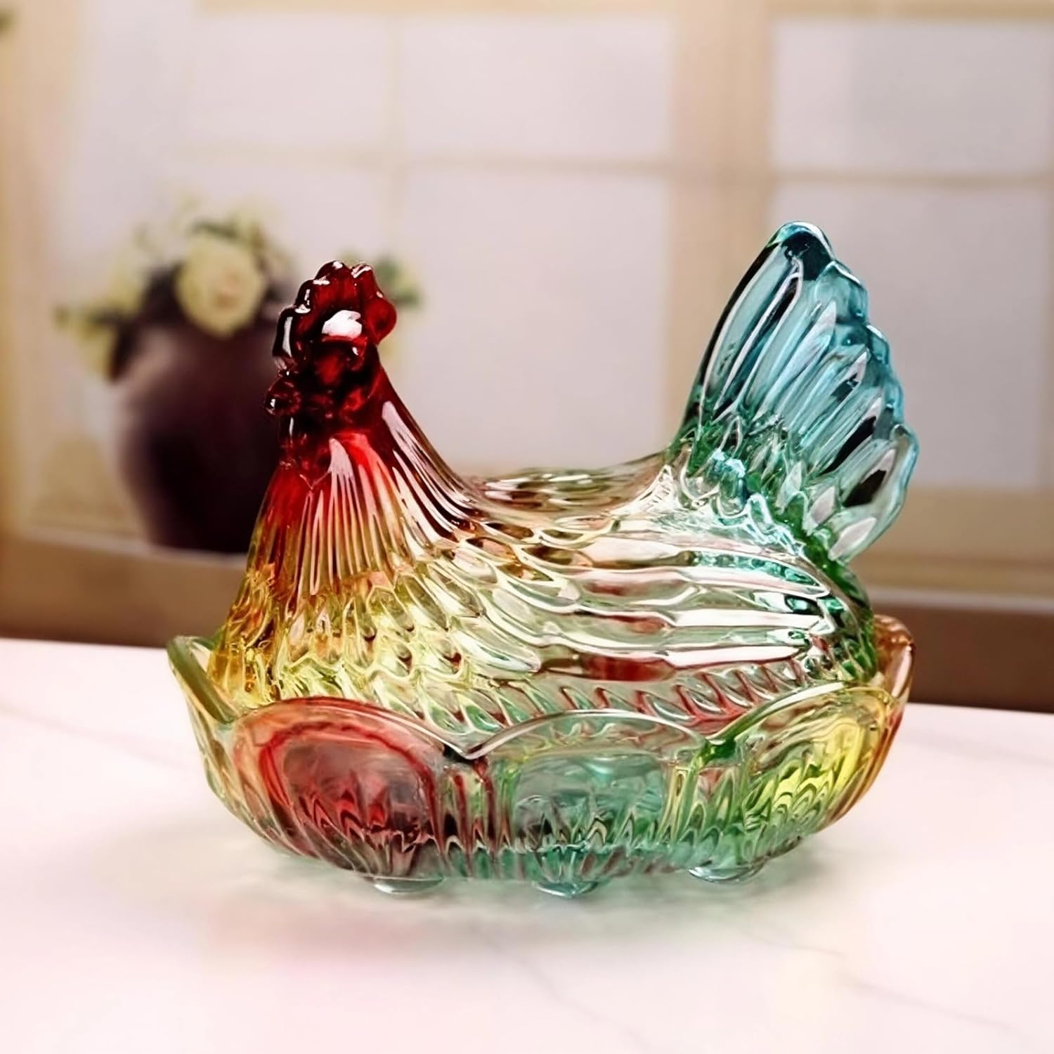 Falytemow Glass Crystal Hen-Shaped Candy Dish, Creative Chicken Design Fruit Bowl with Lid for Tabletop Decoration, Dessert Snack Plate for Home, Office, Wedding Decor, Large (Multicolored)
