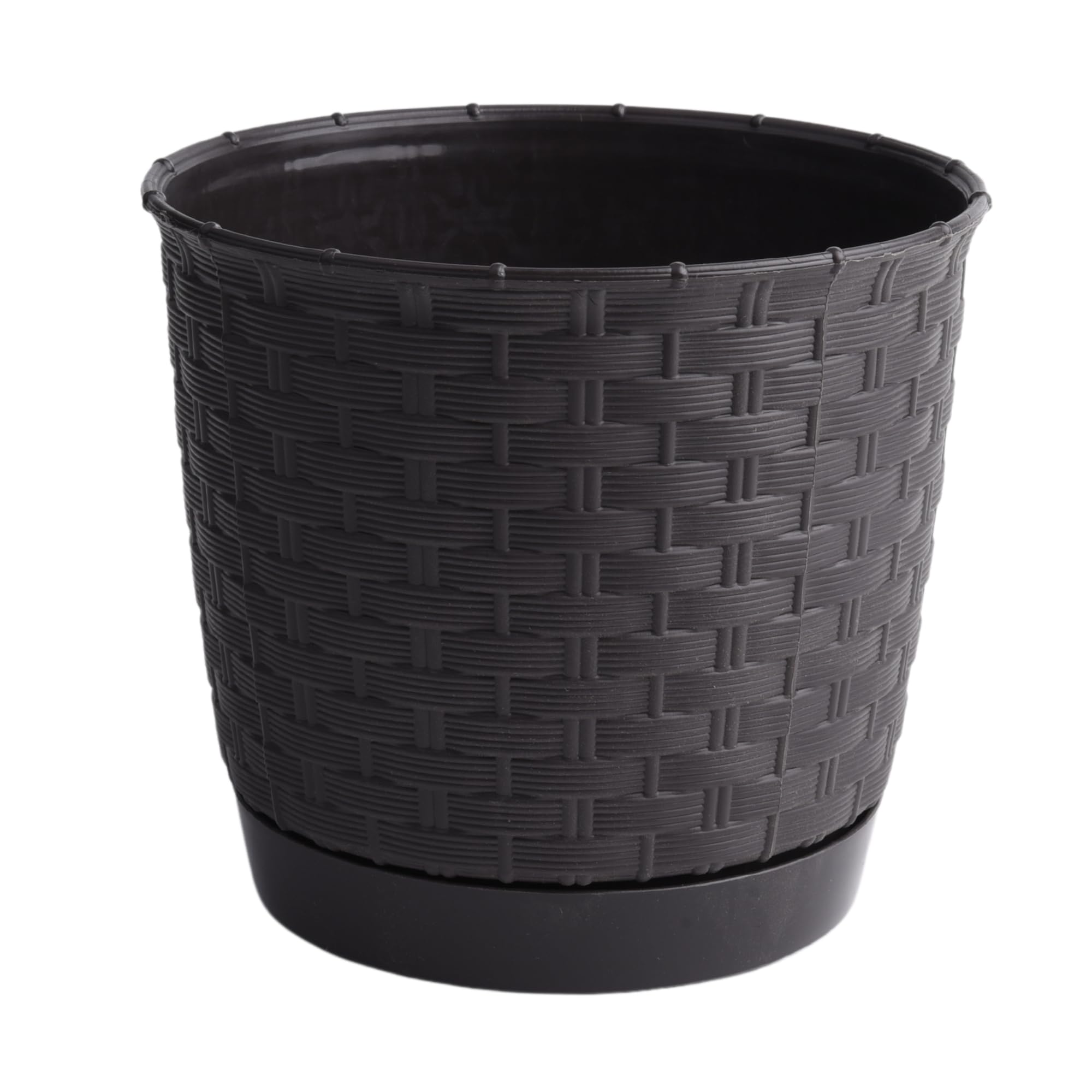 Plant Pot Flowerpot Wave Rattan Look Round Plastic Crystal Modern Decorative Small Medium Large Textured With Matching Saucer (Dark Brown, 2.8L)