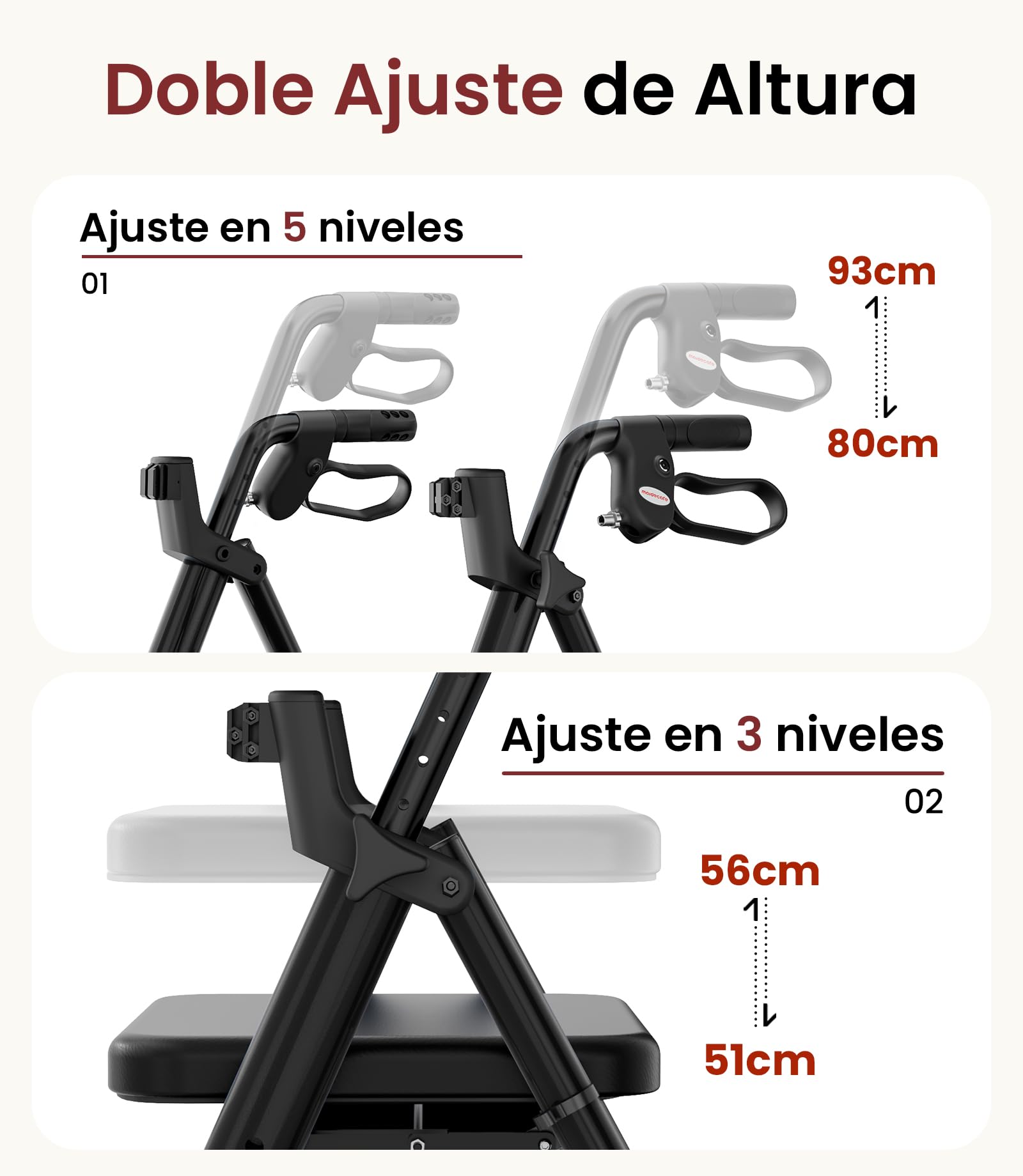 Andador para Ancianos con Asiento Plegable, Manillar y Asiento Regulables en Altura, Caminadores para Mayores, Ayuda para Caminar Ligera con Freno, Ruedas 8" Todoterreno, Negro