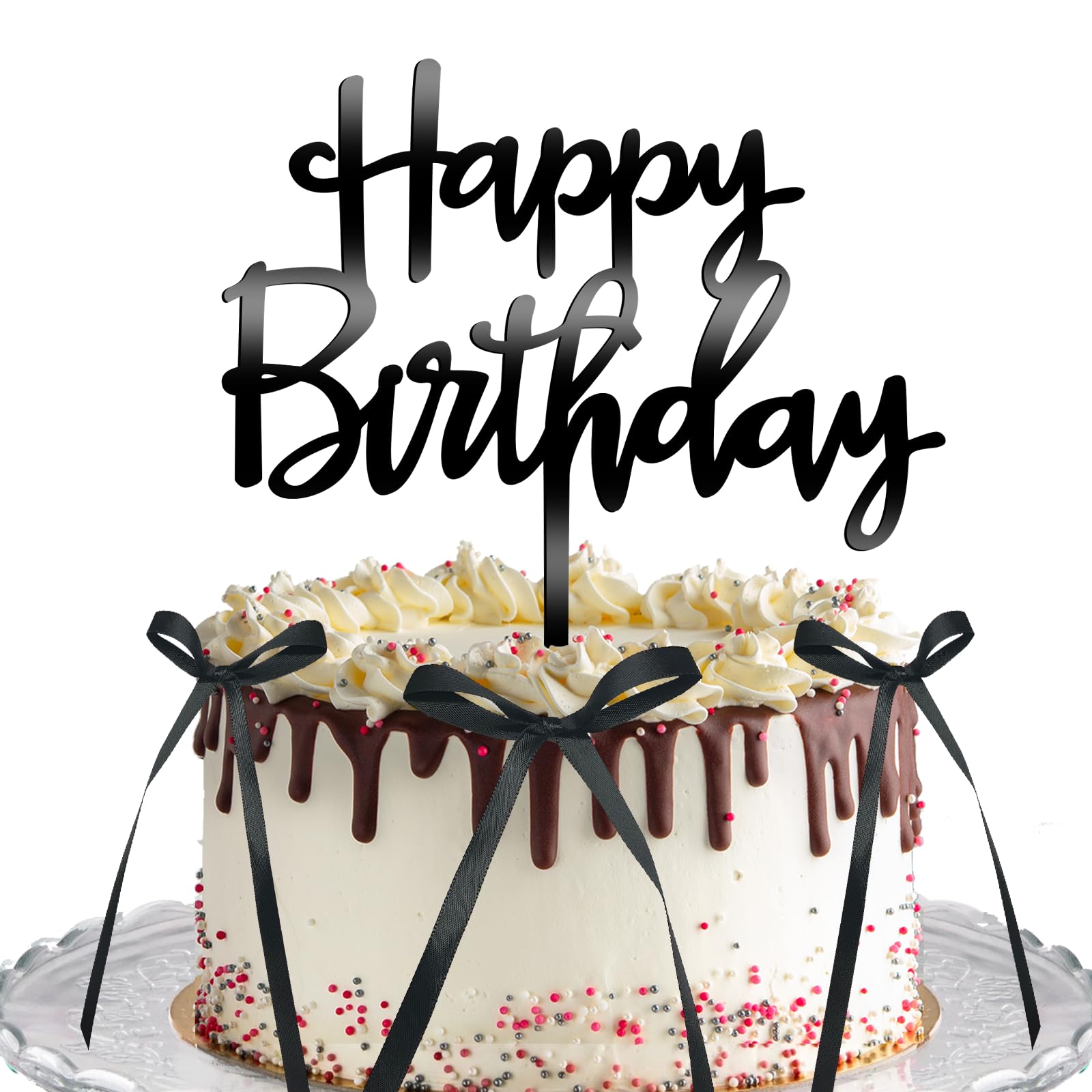 7pcs Bow Cake Toppers, Black Vintage Ribbon Happy Birthday Cake Topper for Coquette Birthday Party Decorations, Bowknot Cake Decorations Accessory for Girls Women